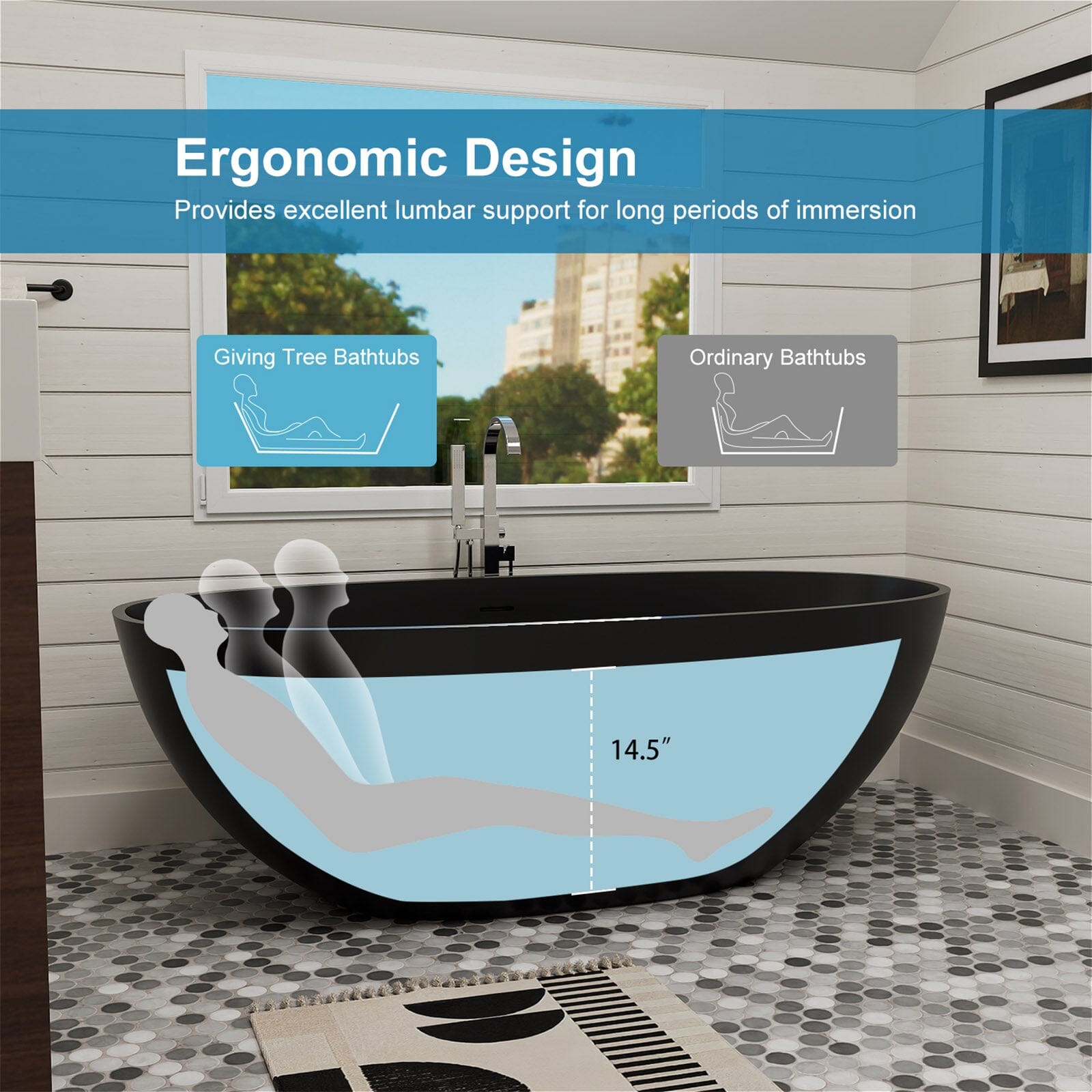 55" Solid Surface Stone Resin Oval-shaped Freestanding Soaking Bathtub with Overflow