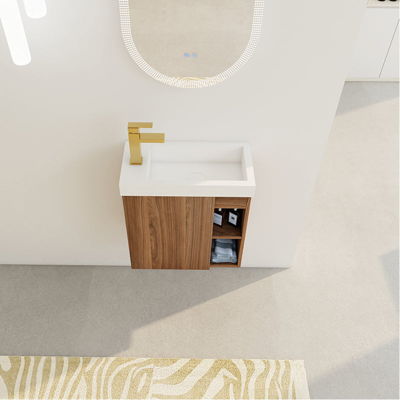 Mueble de baño flotante de 20 pulgadas para montaje en pared con lavabo de resina y puerta de armario con cierre suave.