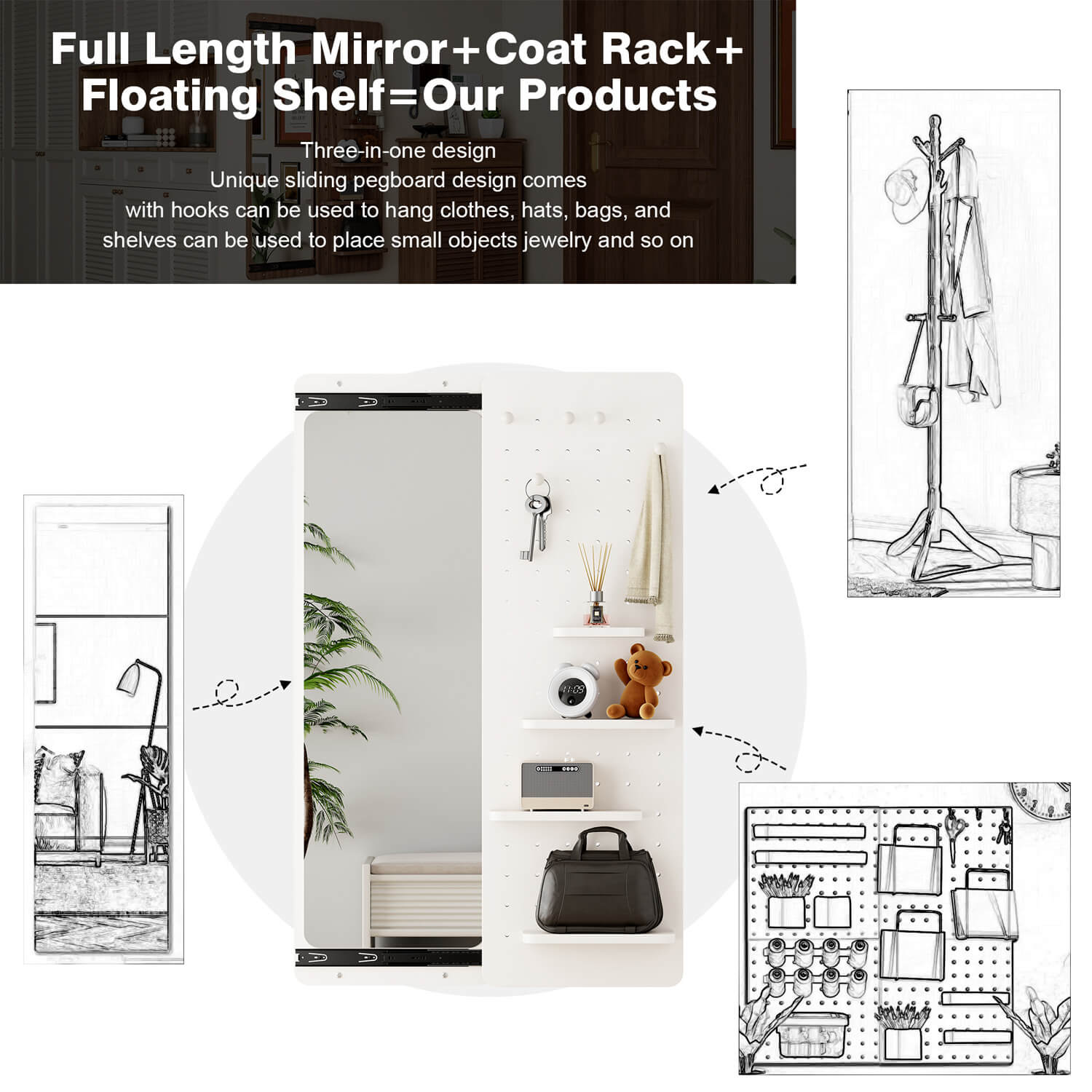 3 in 1 mirror coat rack and floating shelf all in one solution