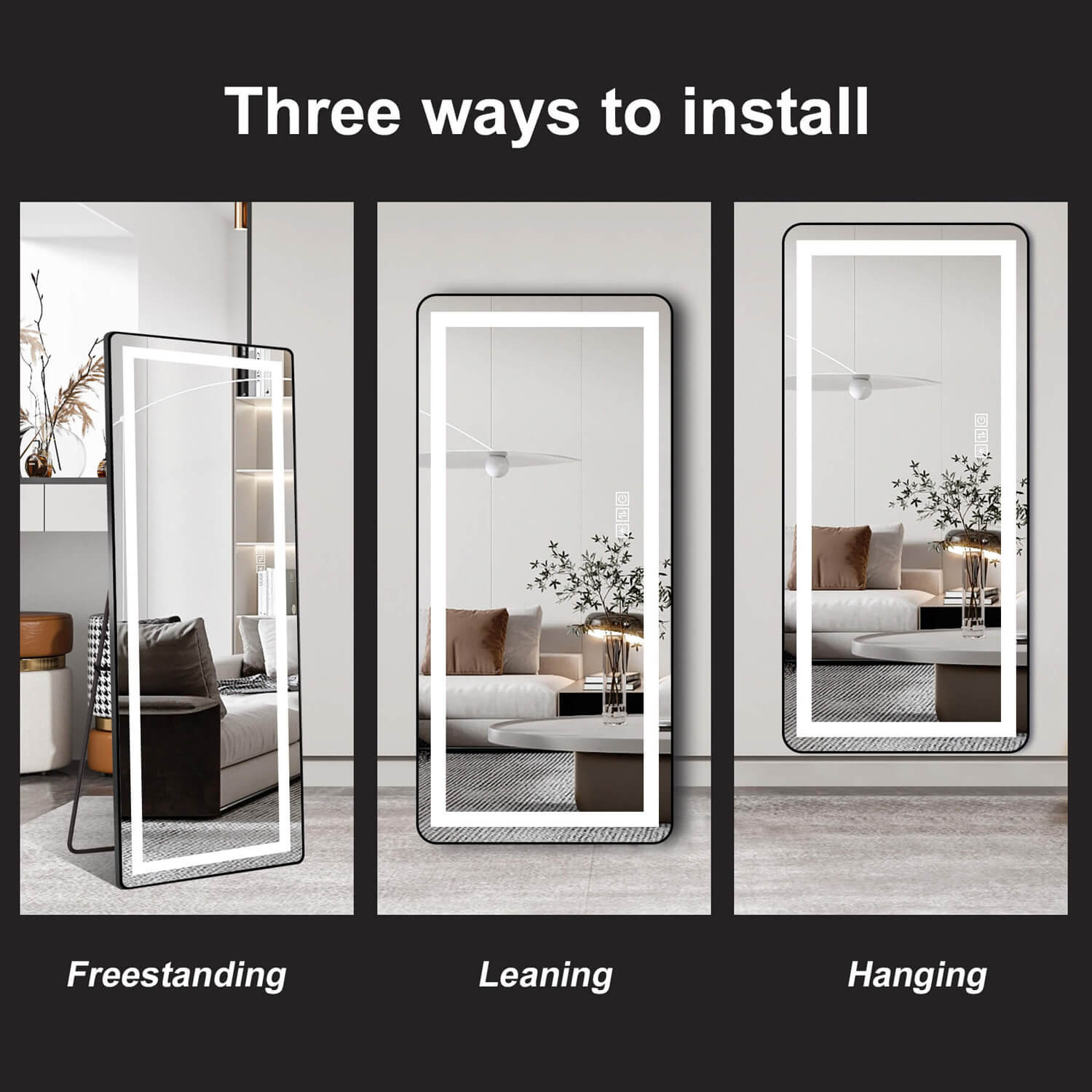 64"x21" Black LED Full Length Mirror with Dimmer, 3 Color Temperatures