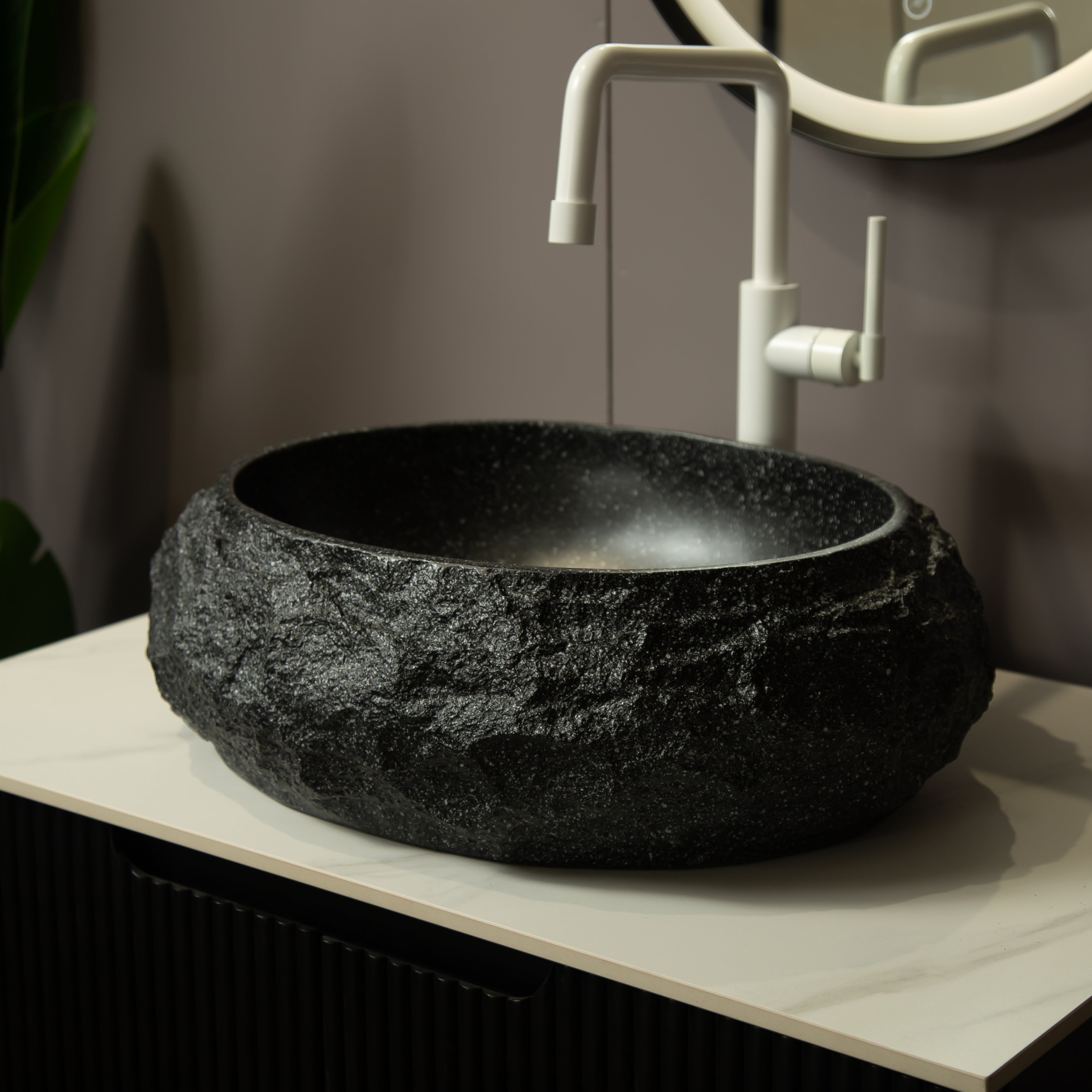 Dark Gray Stone Pattern Resin Vessel Bathroom Sink artistic oval basin rock-like exterior stone texture