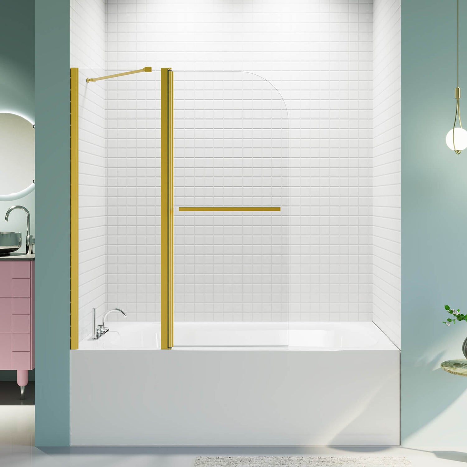 43 IN x 58 IN Brushed Gold Pivot Glass Bathtub Shower Door
