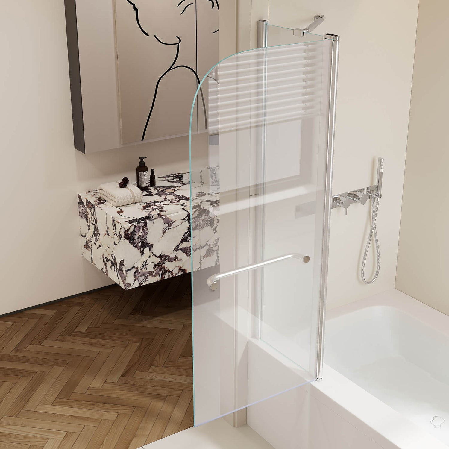 43x58 inch brushed nickel pivot shower door with aluminum frame