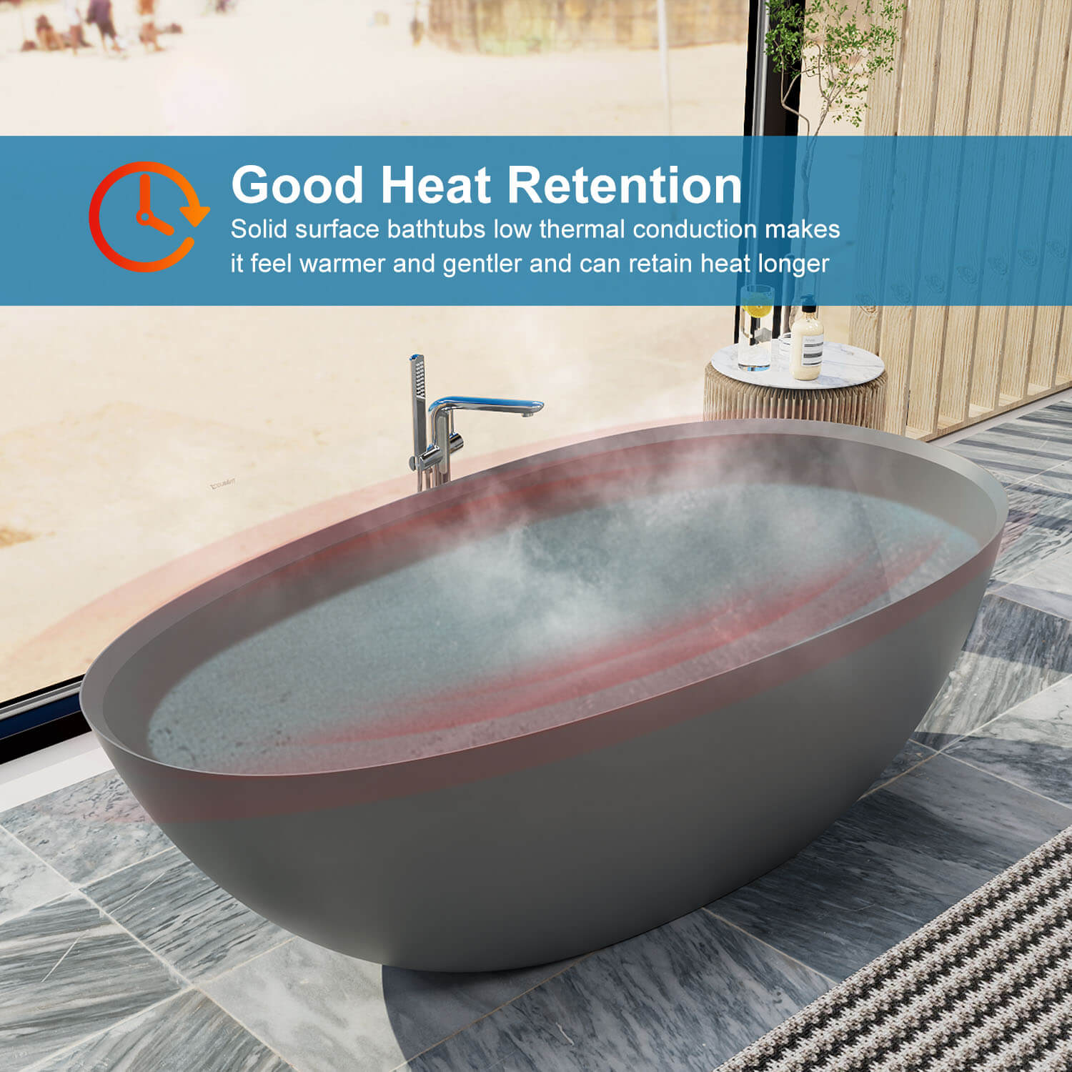 67'' Solid Surface Stone Resin Modern Egg Shaped Freestanding Soaking Bathtub with Overflow