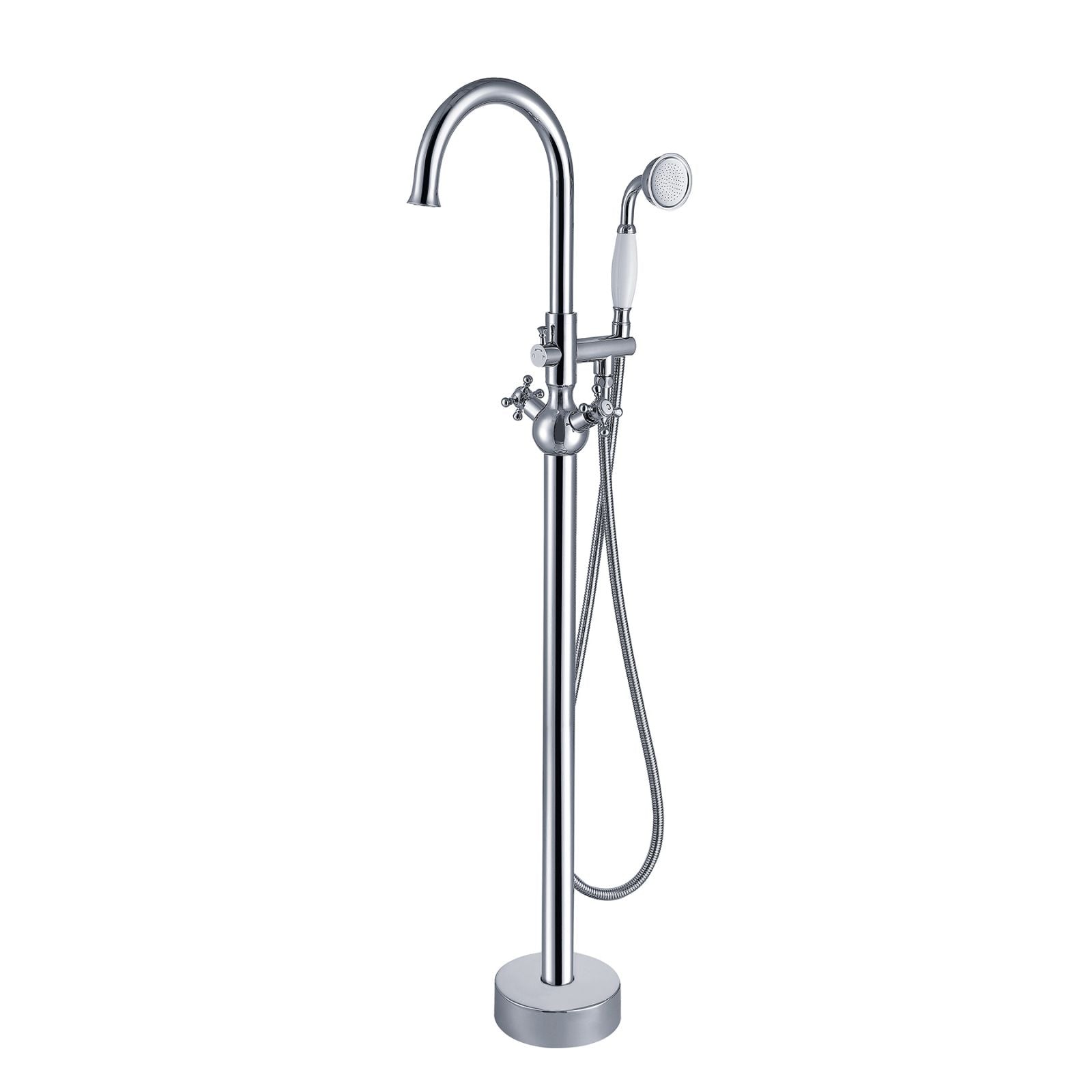 45" Chrome Independent Freestanding Tub Filler Faucet, Round Shower Head & Double Handles