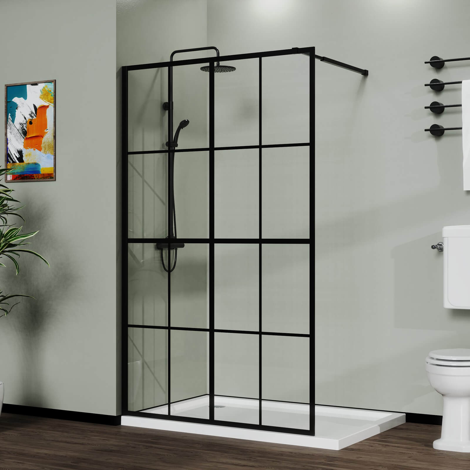 46x72 inch clear glass shower screen with black grid design