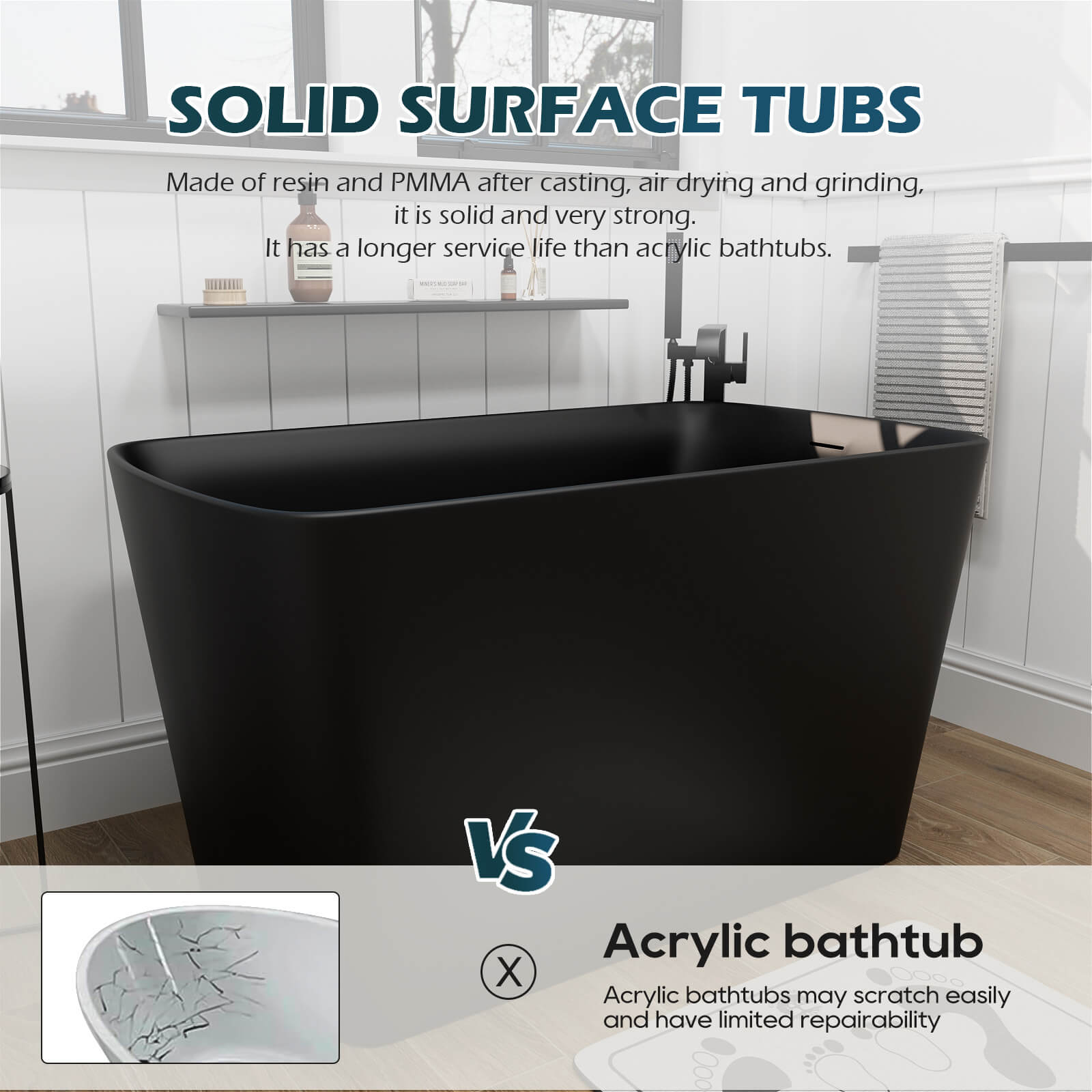47 Inch Black Solid Surface Freestanding Soaking Tub with Seat