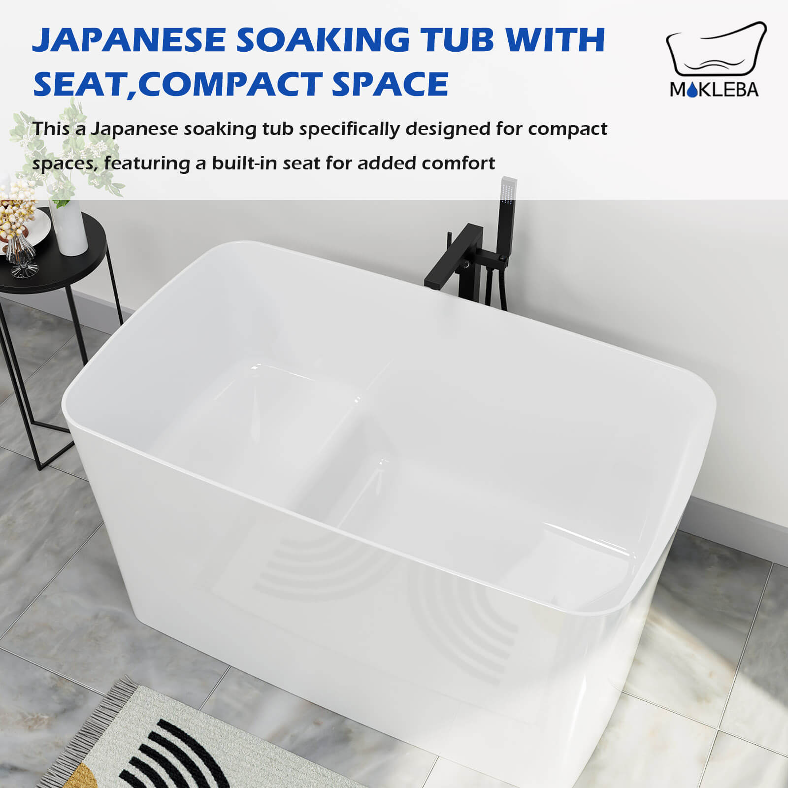 Mokleba 47" Acrylic Freestanding Japanese Soaking Bathtub with Built-in Seat Glossy White