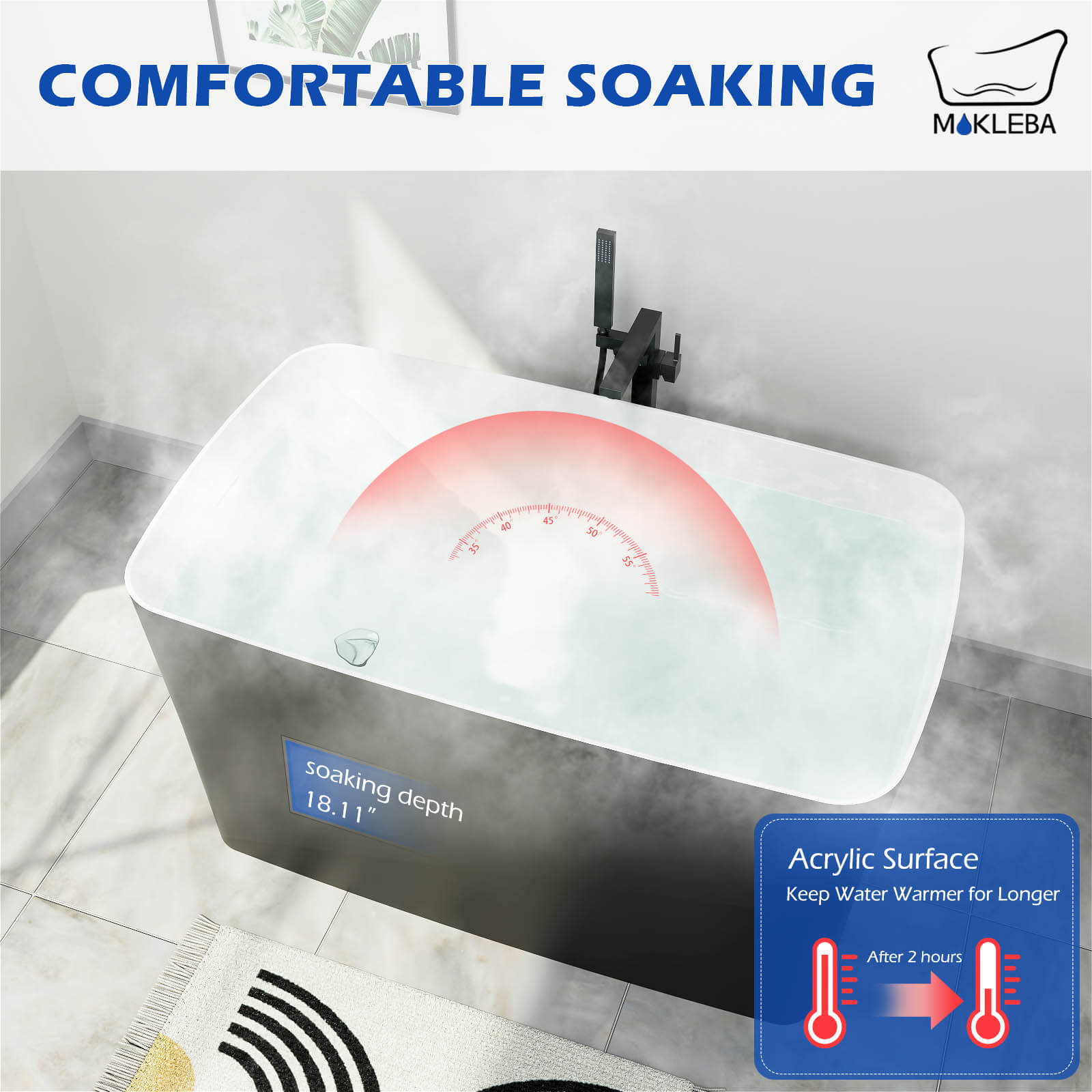 Acrylic 47 inch black deep soaking bathtub