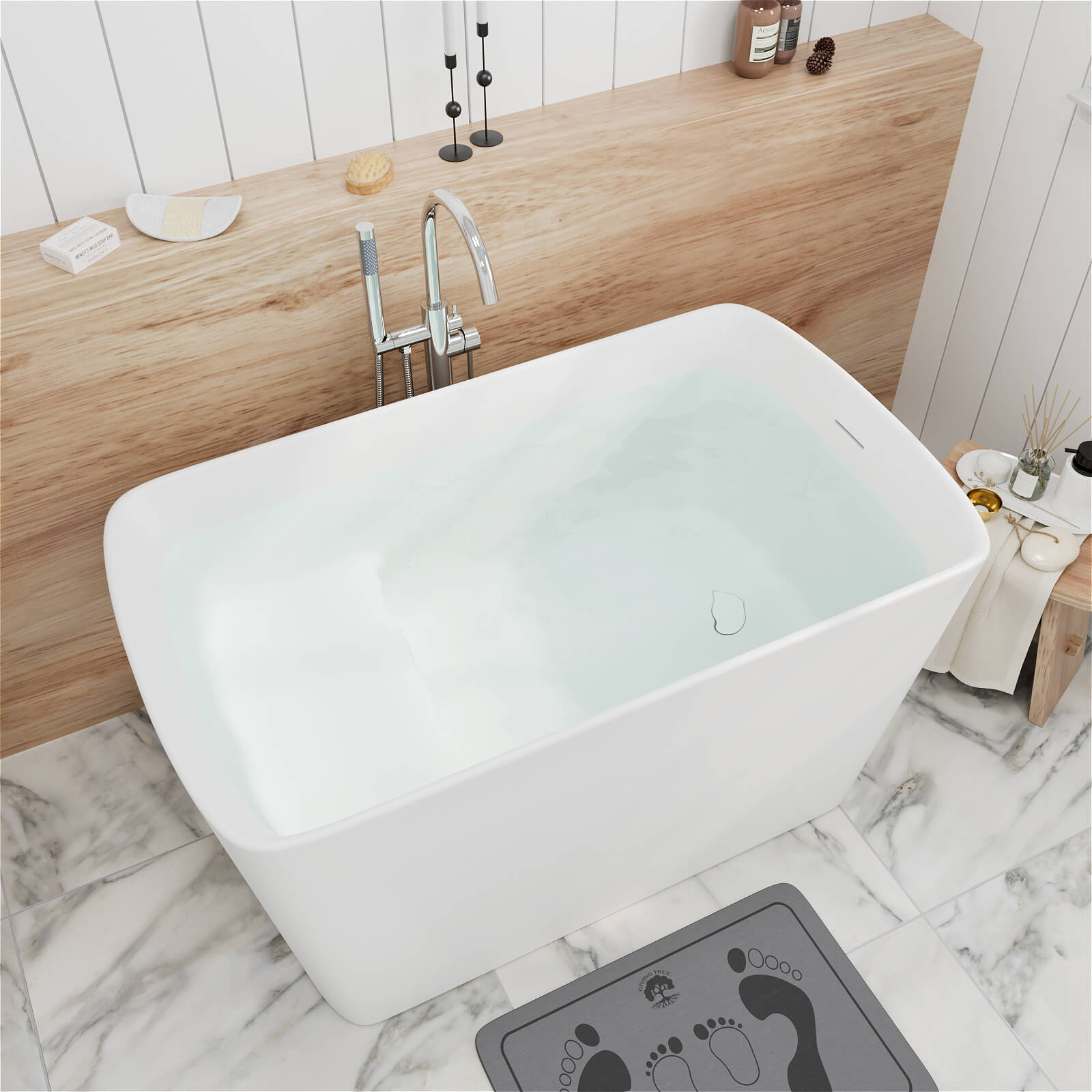 47 inch Solid Surface White Freestanding Deep Soaking Bathtub