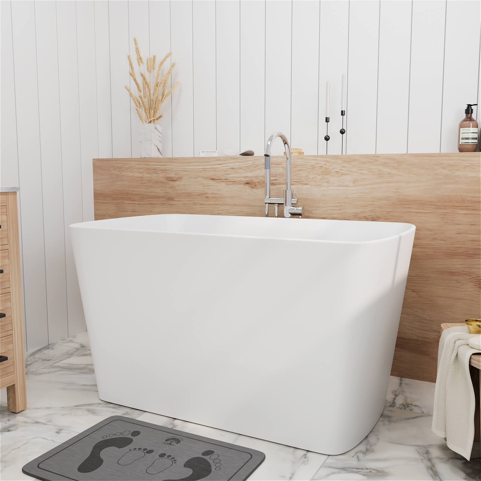 47 inch Solid Surface White Freestanding Soaking Bathtub