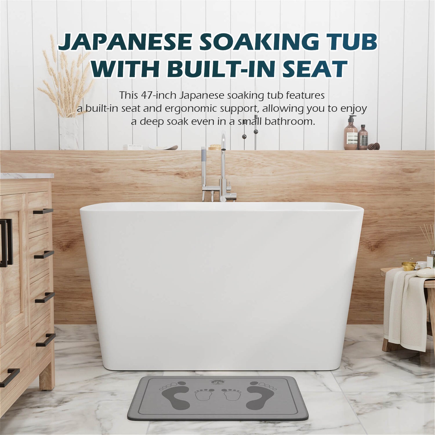 47 inch White Bathtub with Seat