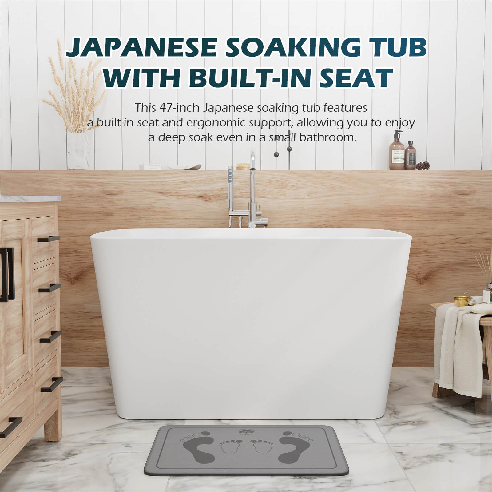 47 inch White Bathtub with Seat