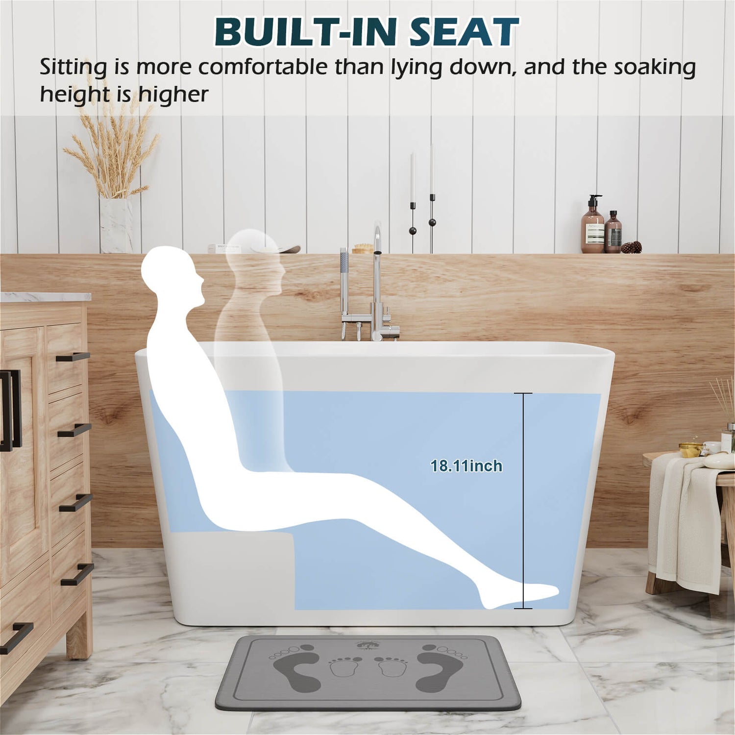 47 inch White Solid Surface Deep Soaking Bathtub with seat