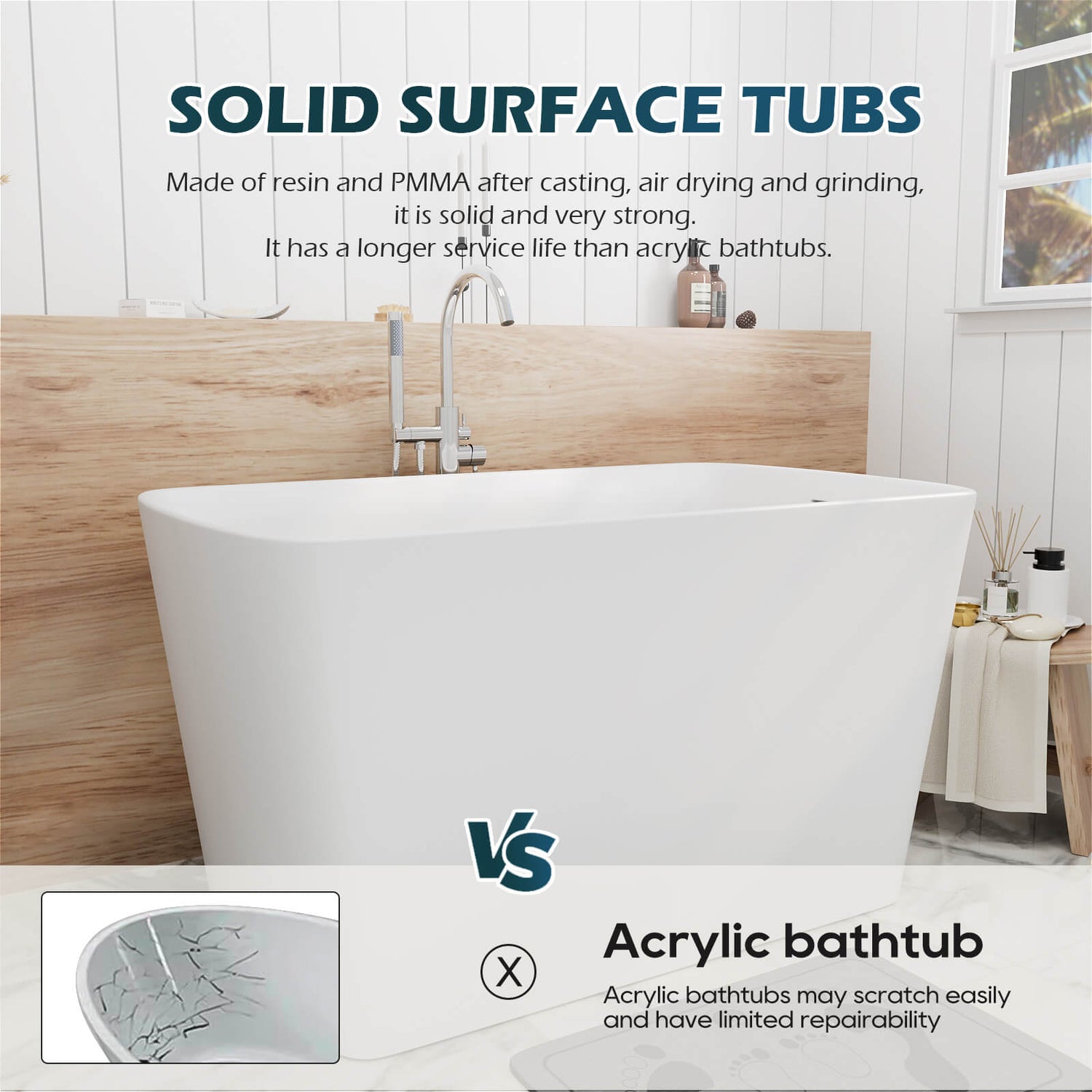 47 inch White Solid Surface Soaking Bathtub