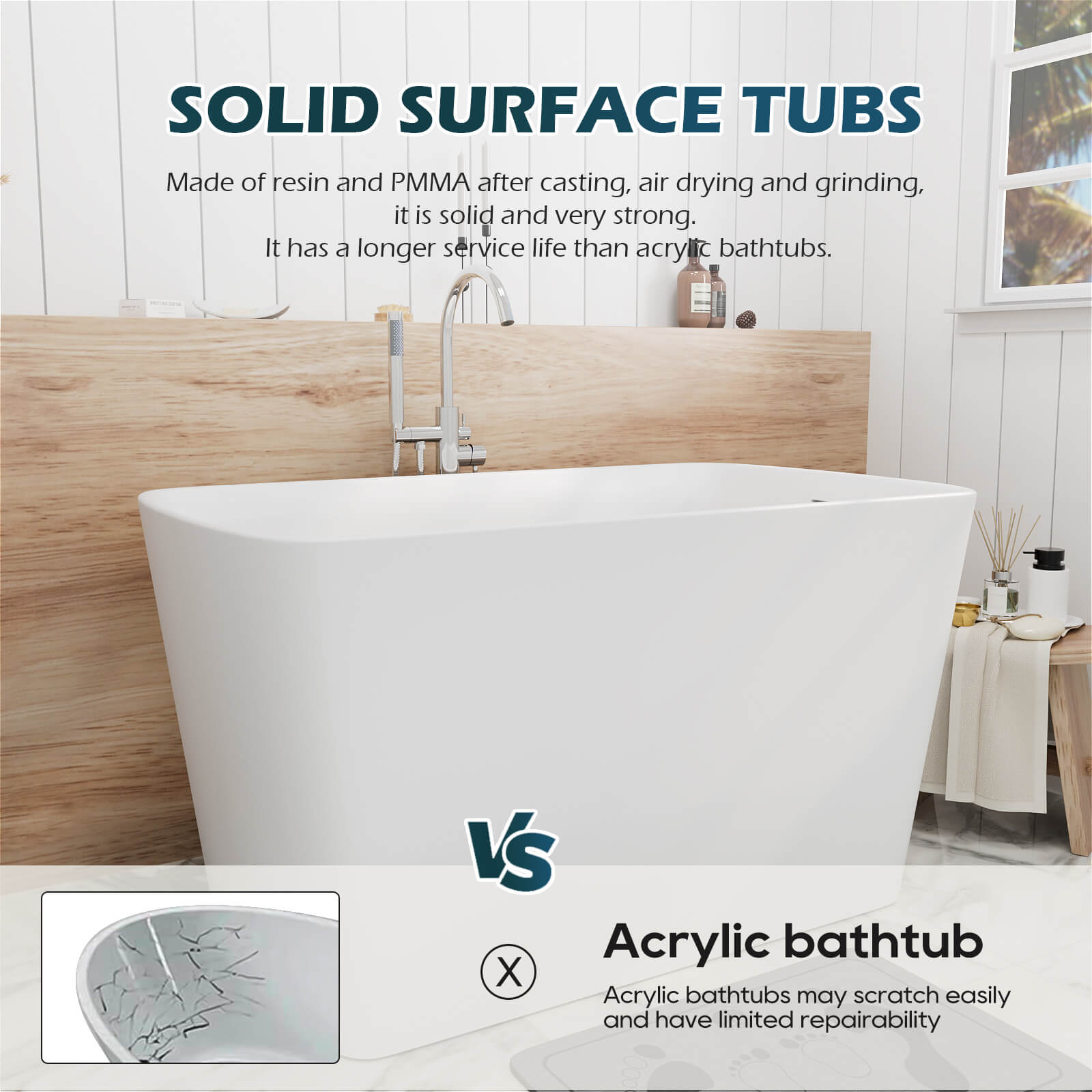 47 inch White Solid Surface Soaking Bathtub
