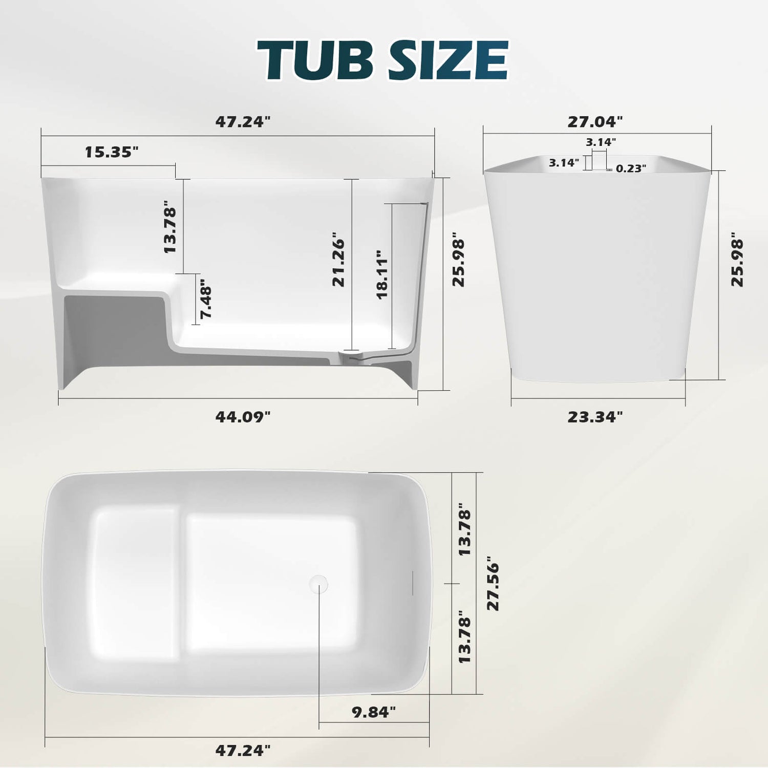 47 inch White Solid Surface Soaking Bathtub size