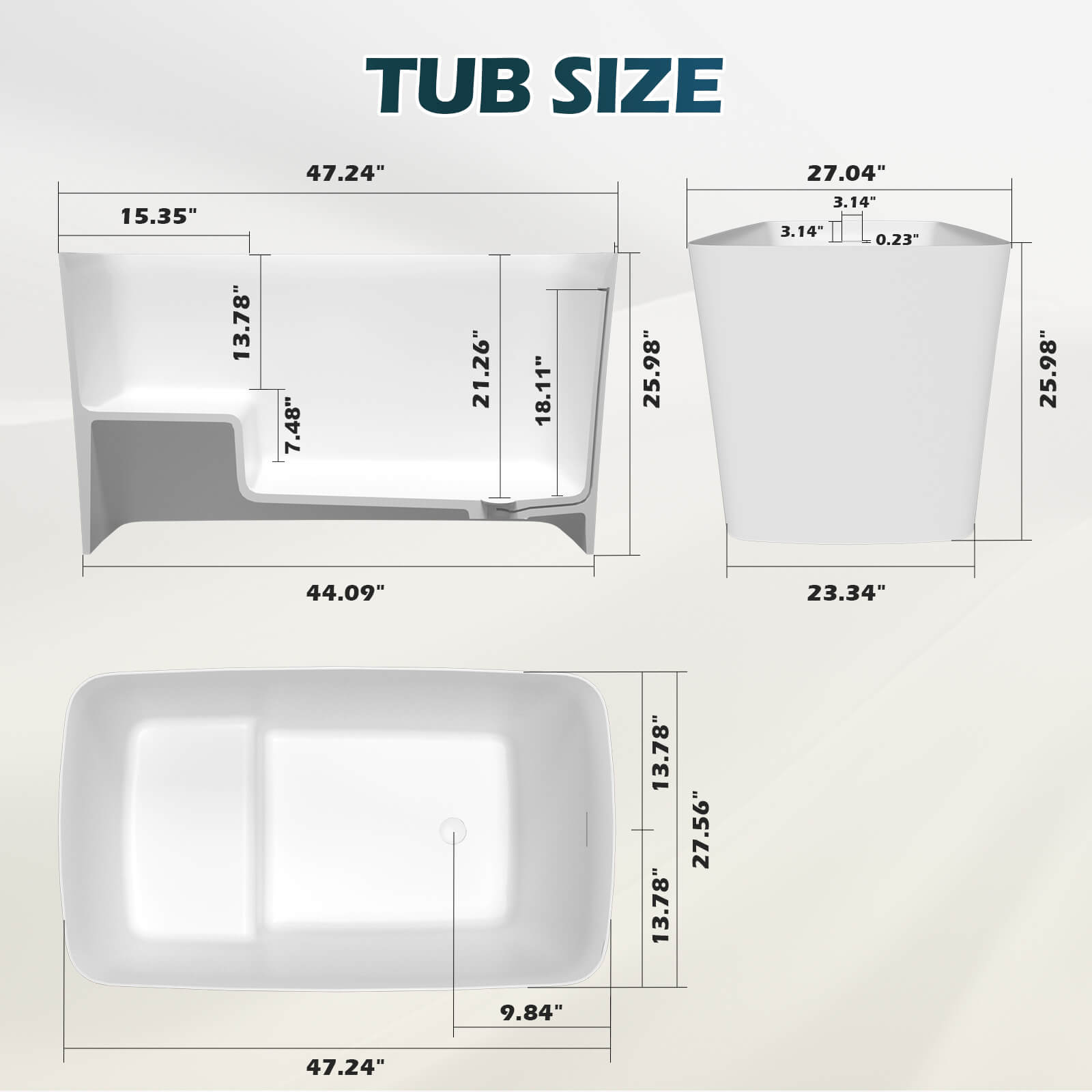 47 inch White Solid Surface Soaking Bathtub size