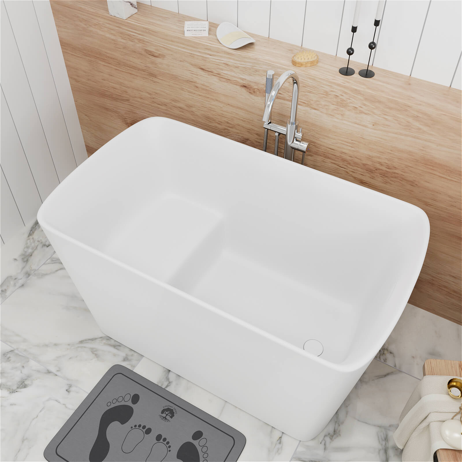 47inch White Solid Surface Freestanding Japanese Soaking Bathtub with Seat