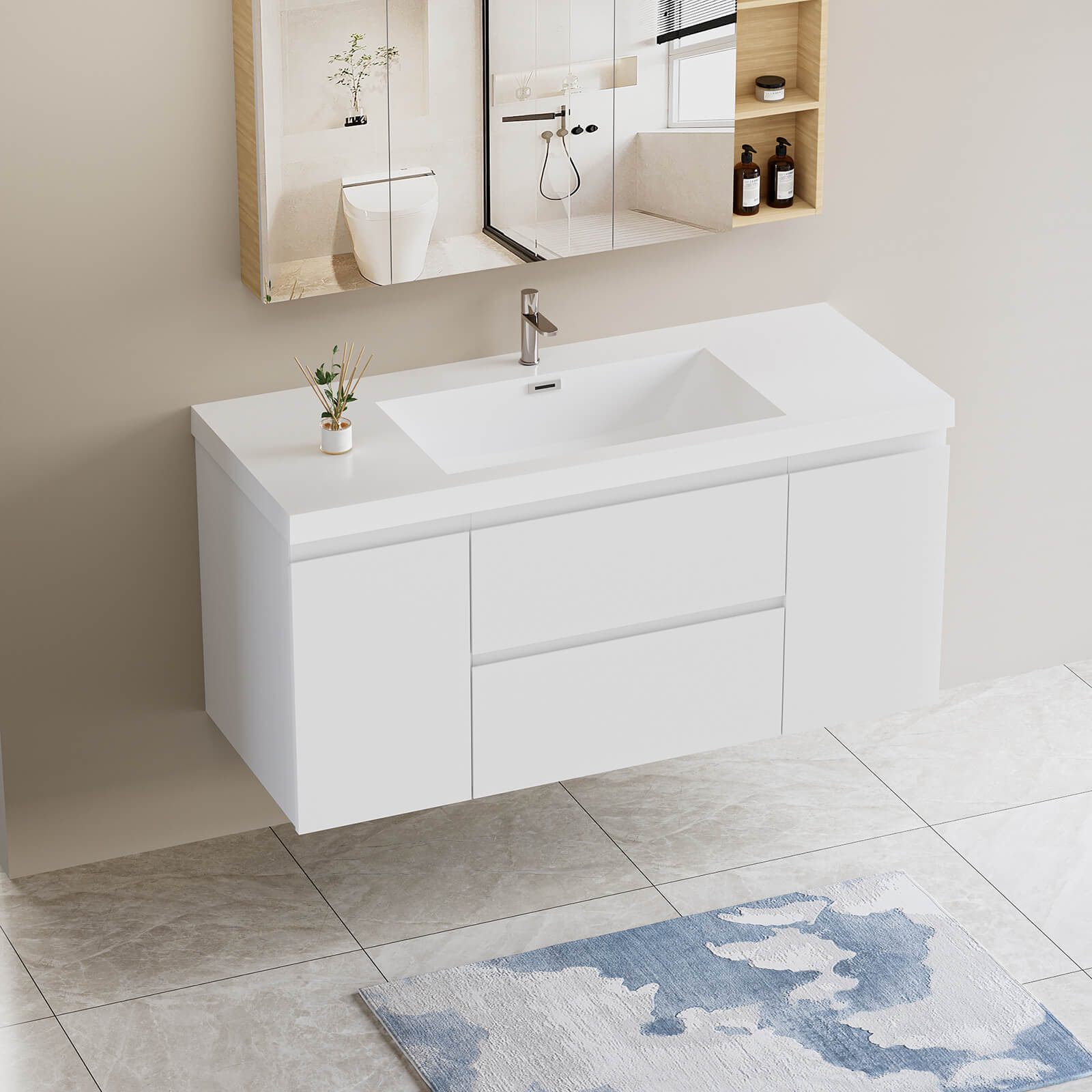 48 inch white floating bathroom vanity with solid wood frame