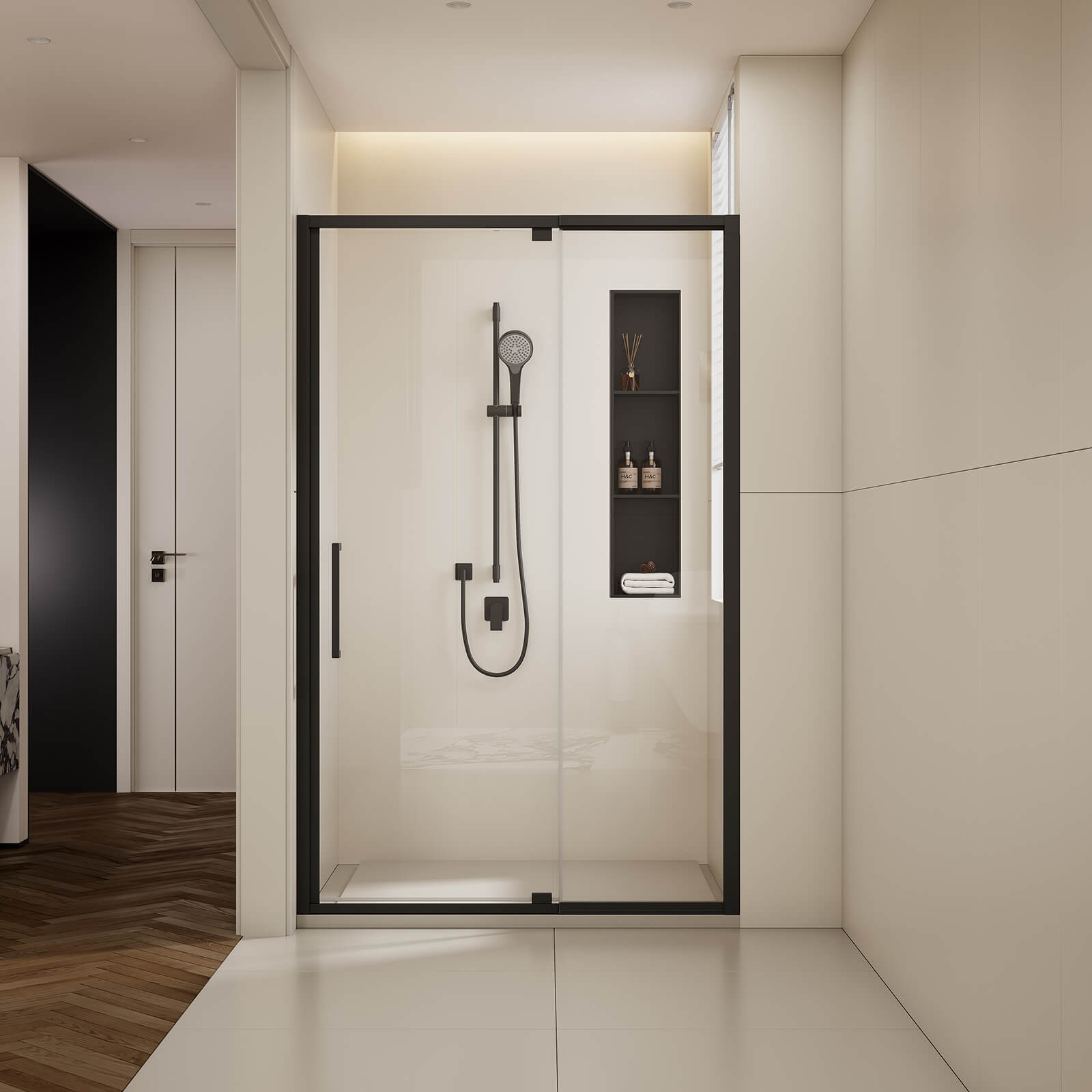 48 inch x 76 inch Matte Black Pivot Shower Door with Fixed Glass Panel