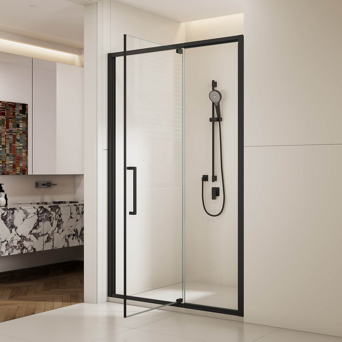 48 x 76 inch matte black pivot shower door with fixed panel