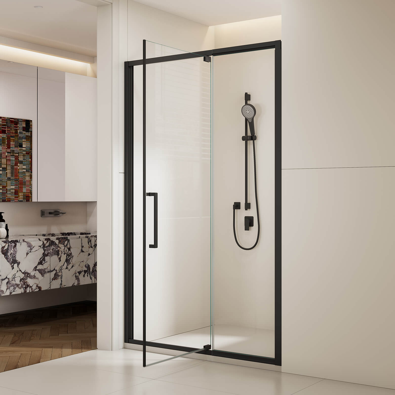 48 x 76 inch matte black pivot shower door with fixed panel