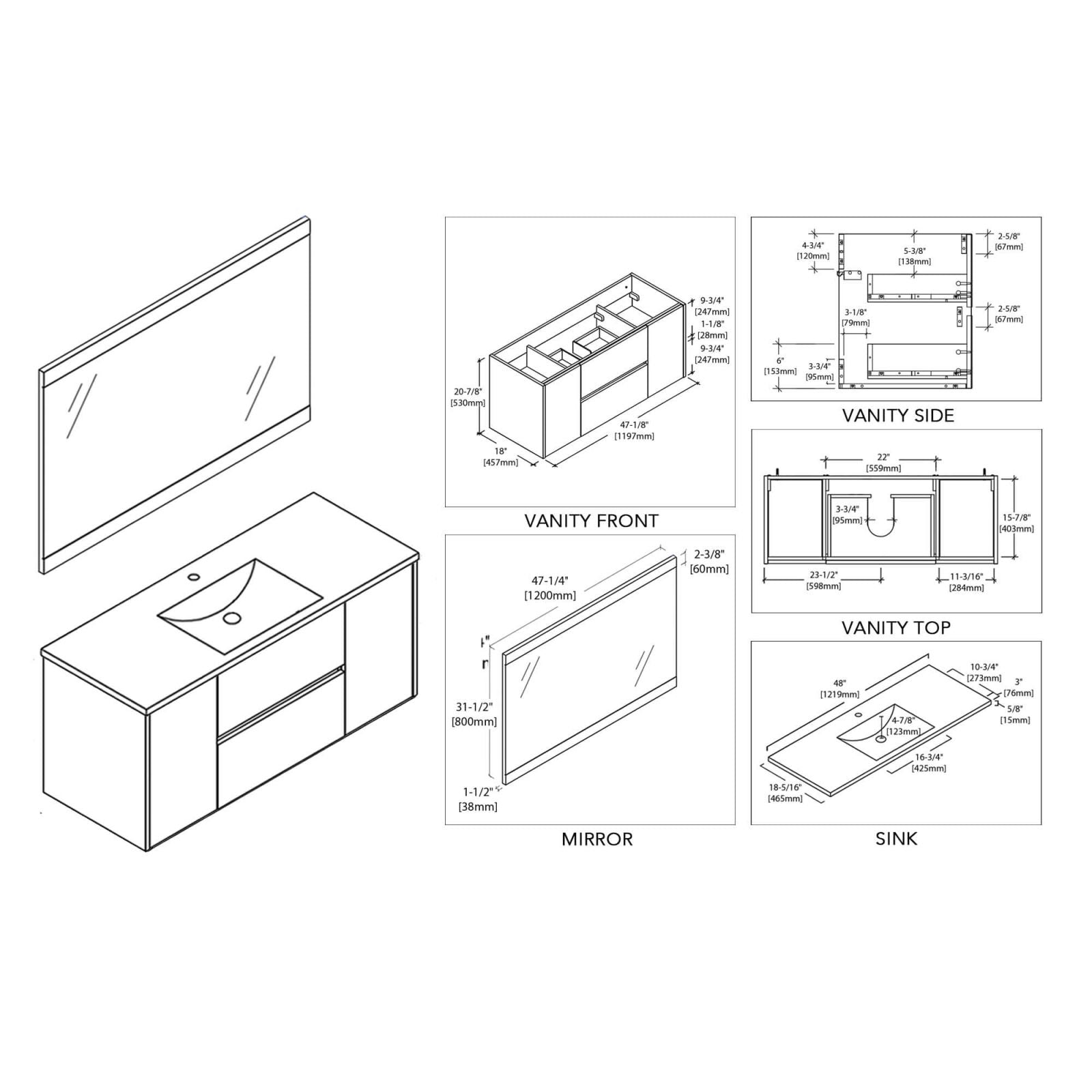 48" Wall-Mounted Vanity Base by Blossom 2 Doors 2 Drawers Size