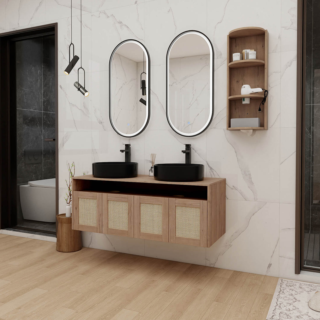 48 inch Black Floating Vanity with 12 inch Wall Storage Cabinet