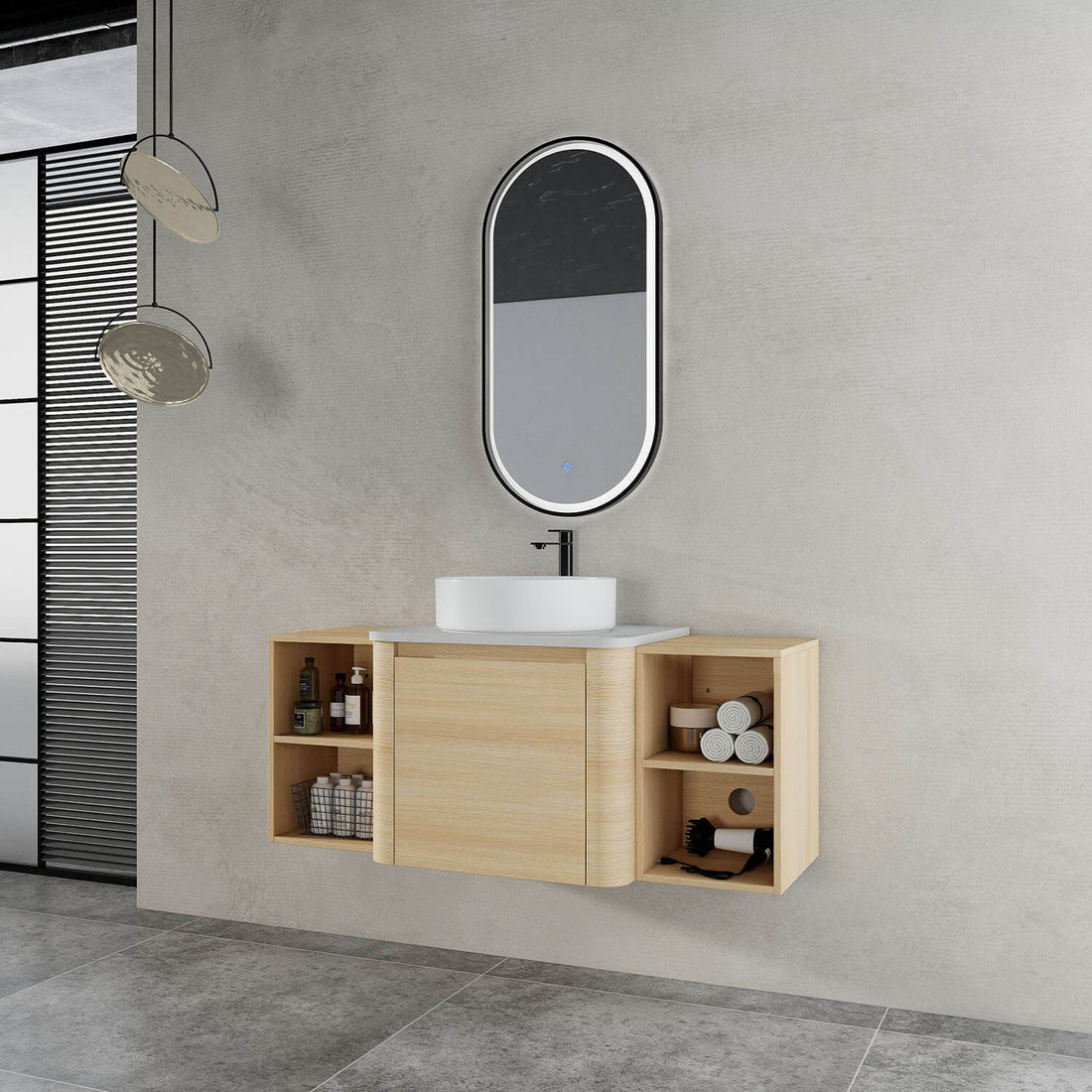 48 inch White Oak Bathroom Vanity-White Ceramic Vessel Sink and Two Open Shelves