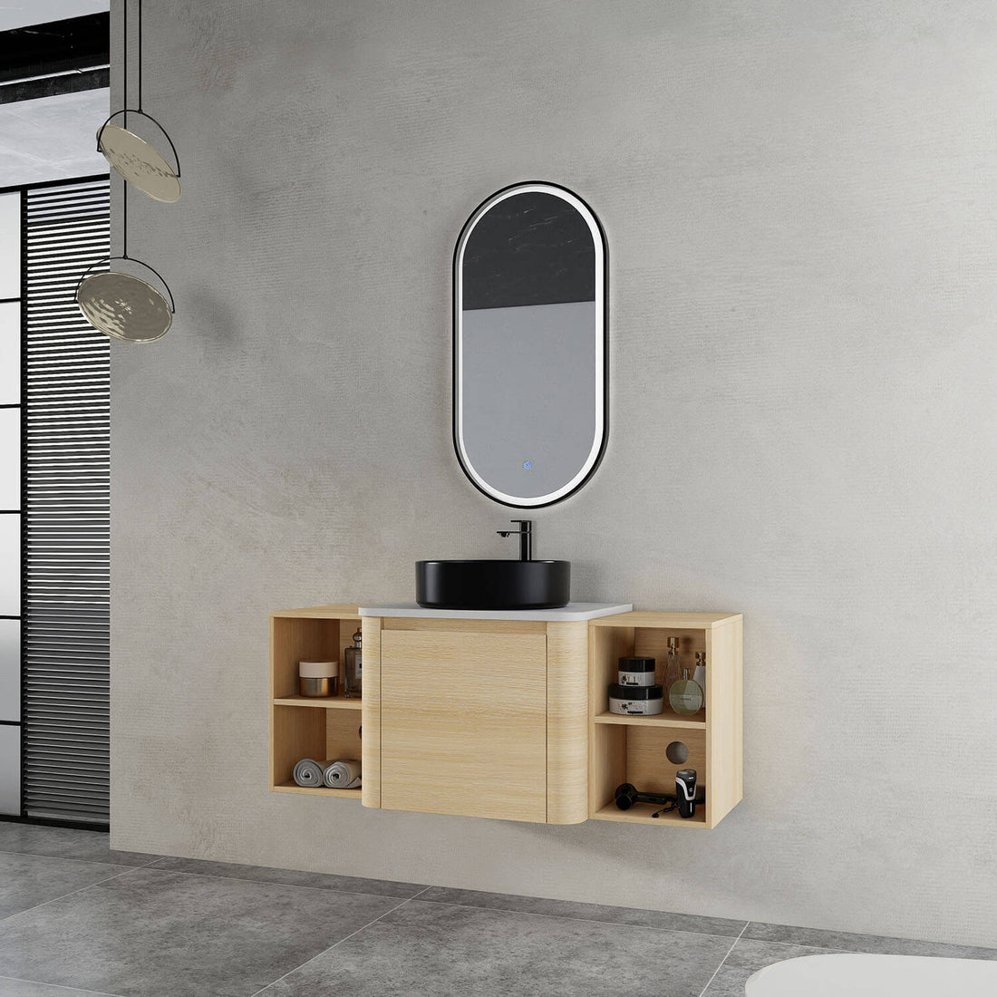 48 inch White Oak Bathroom Vanity- Black Ceramic Vessel Sink and Two Open Shelves