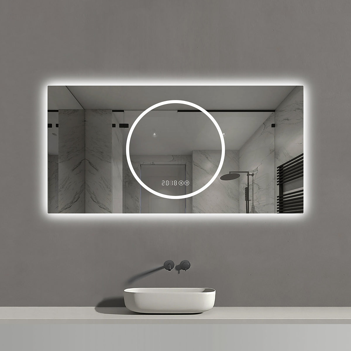 48 x 24 inch LED backlit bathroom mirror cool white light with circular magnifier and digital clock in modern gray vanity