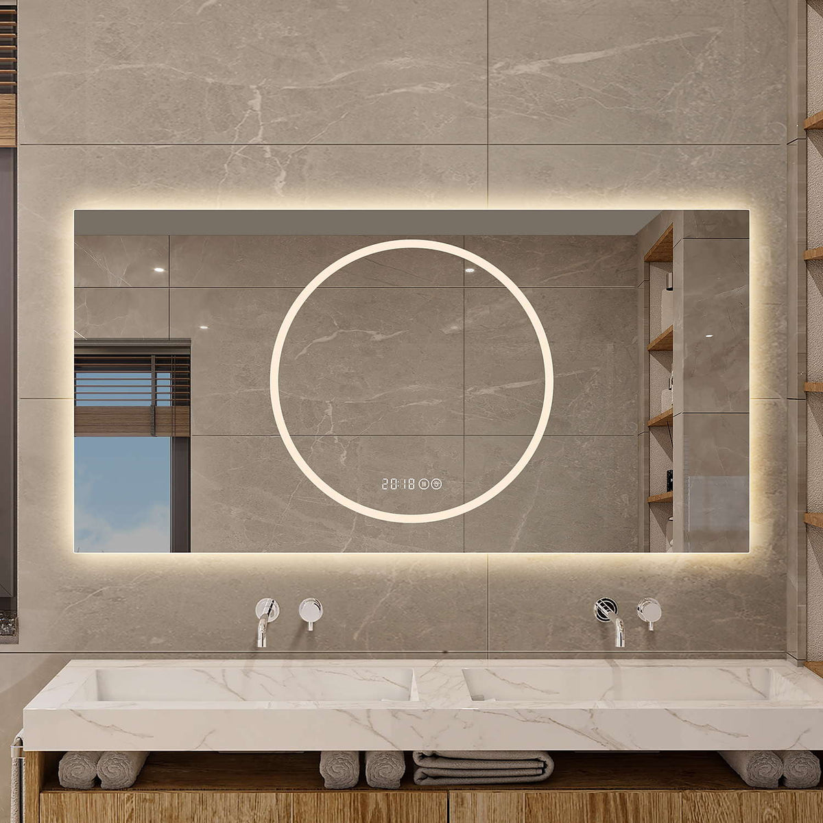 48 x 24 inch LED lighted bathroom mirror warm ambient glow over marble double sink vanity with gray tile wall
