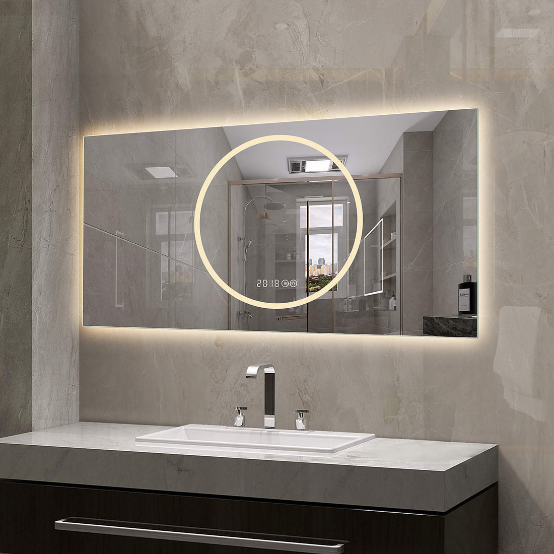 48 x 24 inch LED mirror with built in defogger warm white illumination for dark wood single sink vanity