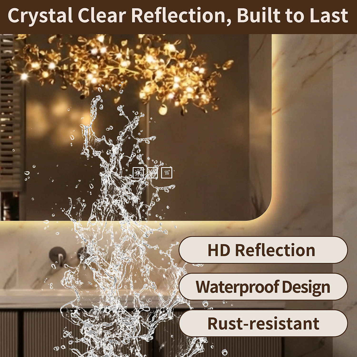 48x24 inch Frameless Bathroom LED Mirror Crystal Clear Reflection Waterproof Rust Resistant