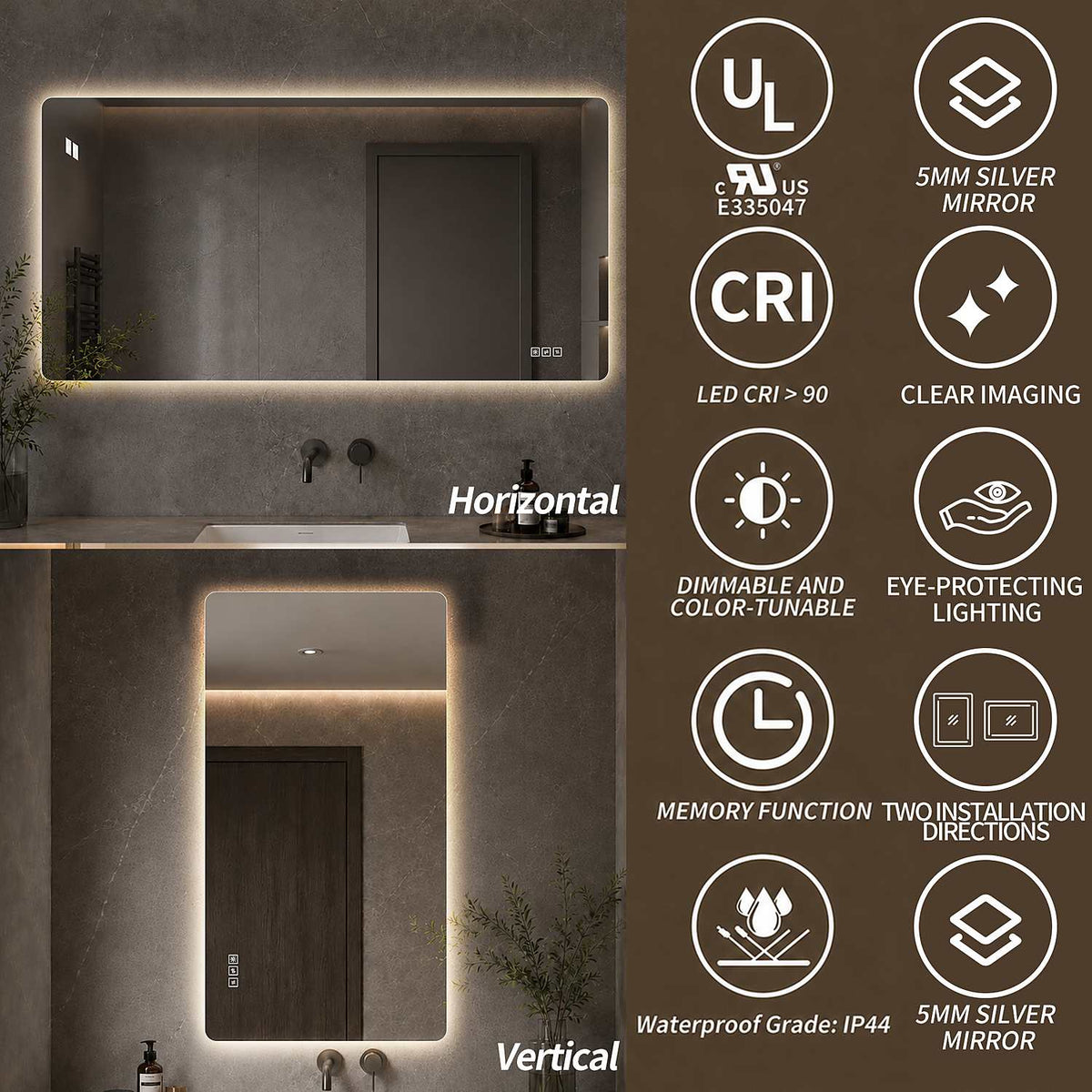 48x24 inch Frameless LED Bathroom Mirror Horizontal Vertical Two Installation Directions UL Certified