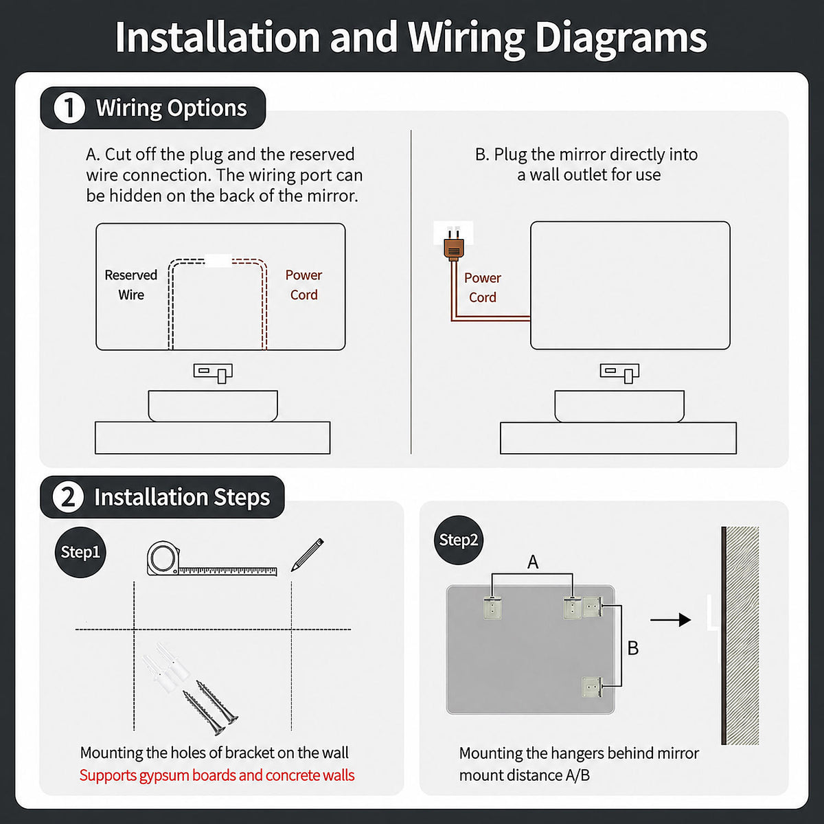 48x24 inch Frameless LED Bathroom Mirror Installation and Wiring Options Diagram