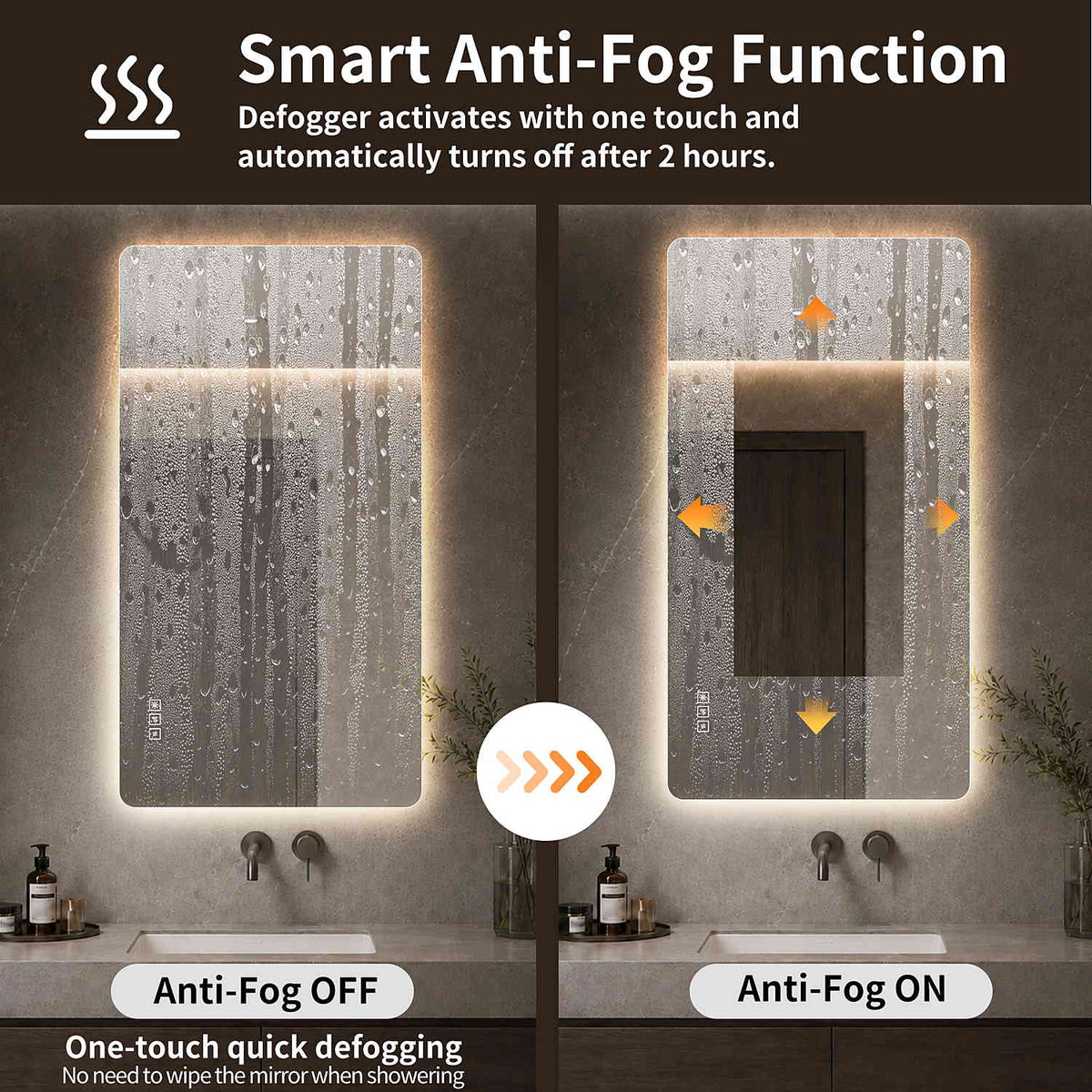 48x24 inch Frameless LED Bathroom Mirror Smart Anti Fog Defogger On Off Comparison