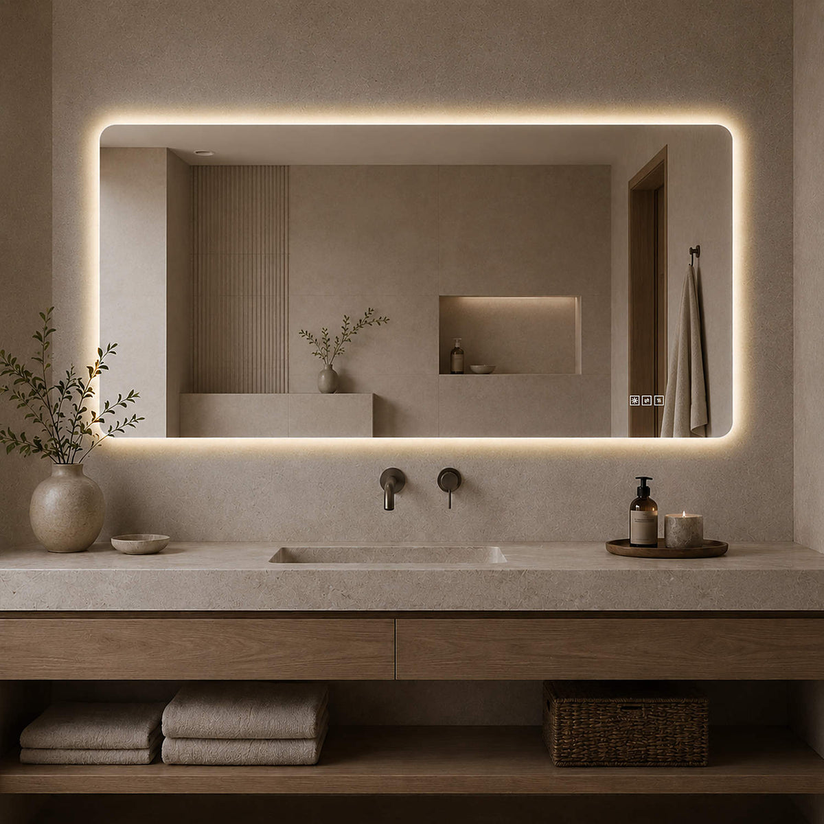 48x24 inch Modern Frameless Wall Mounted LED Bathroom Mirror Warm Light Scene