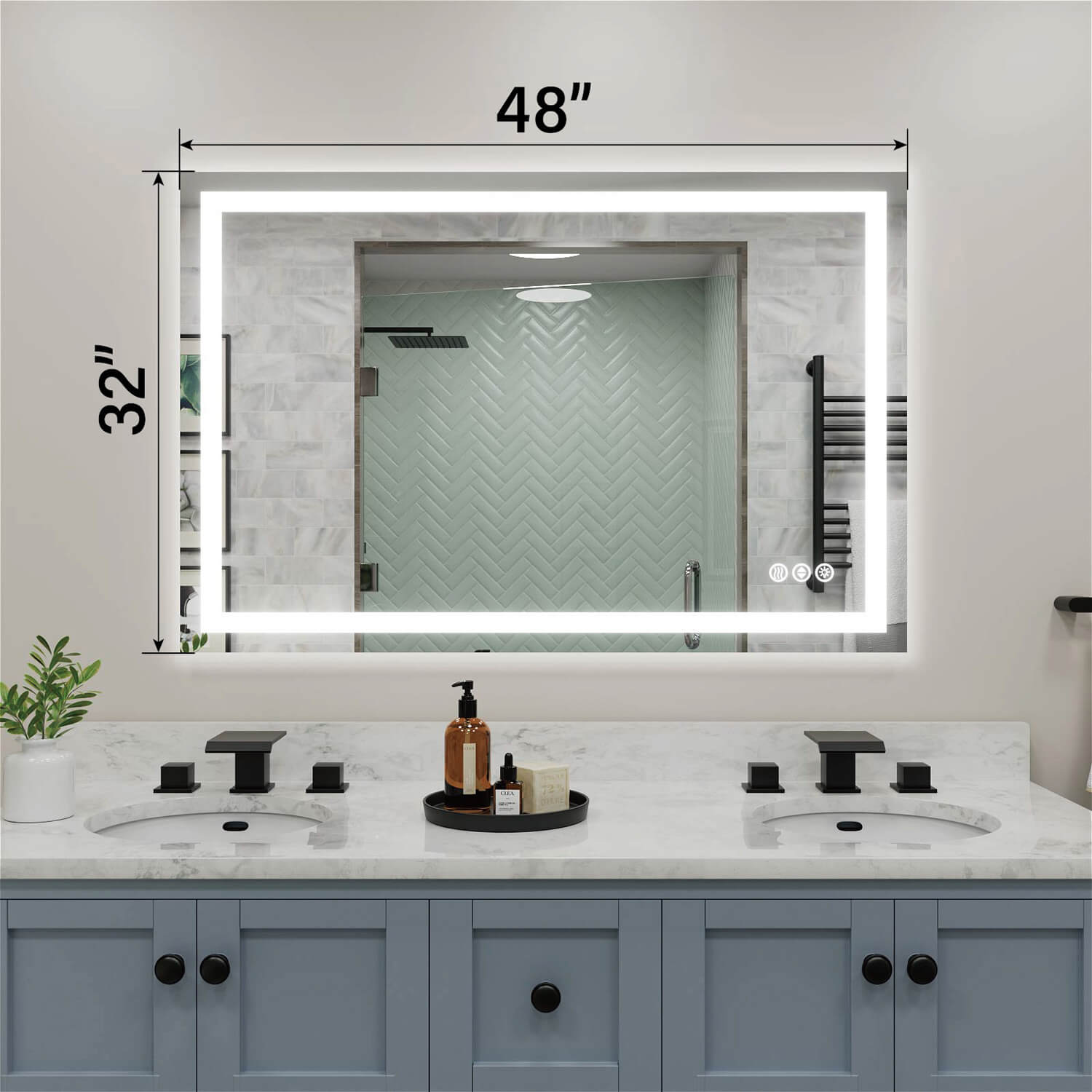 48x32 inch LED bathroom mirror with dimension markings and edge light strip