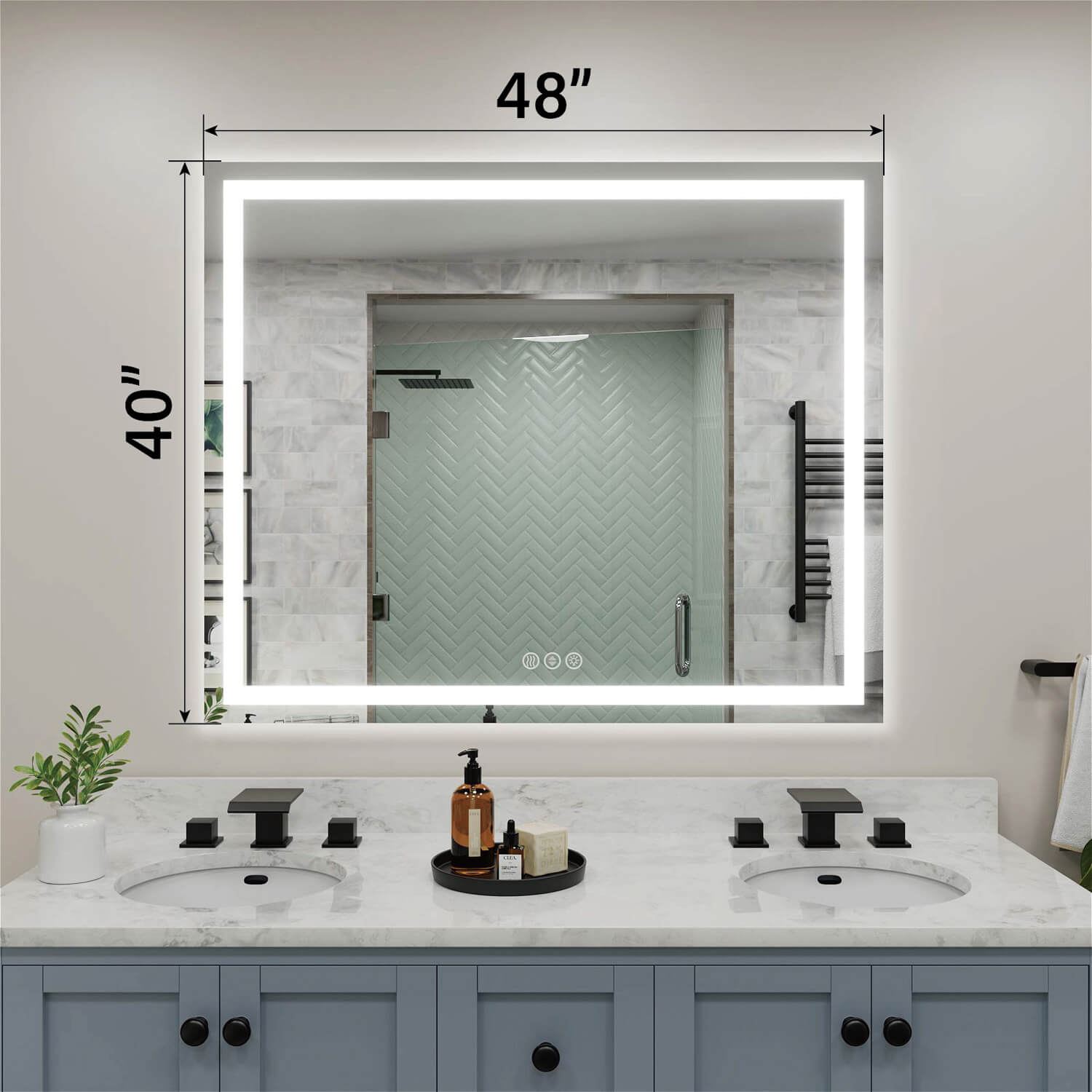 48x40 inch LED bathroom mirror with dimension markings and edge light strip