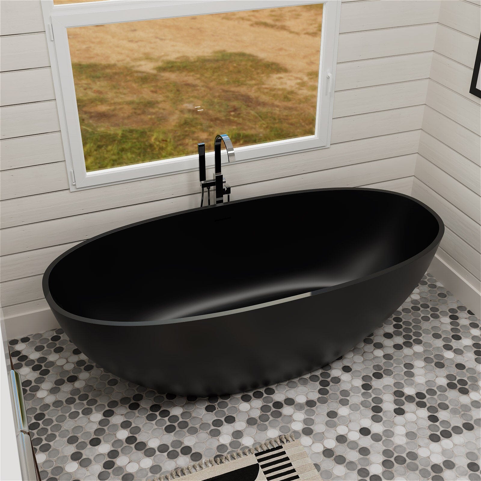 55" Solid Surface Stone Resin Oval-shaped Freestanding Soaking Bathtub with Overflow