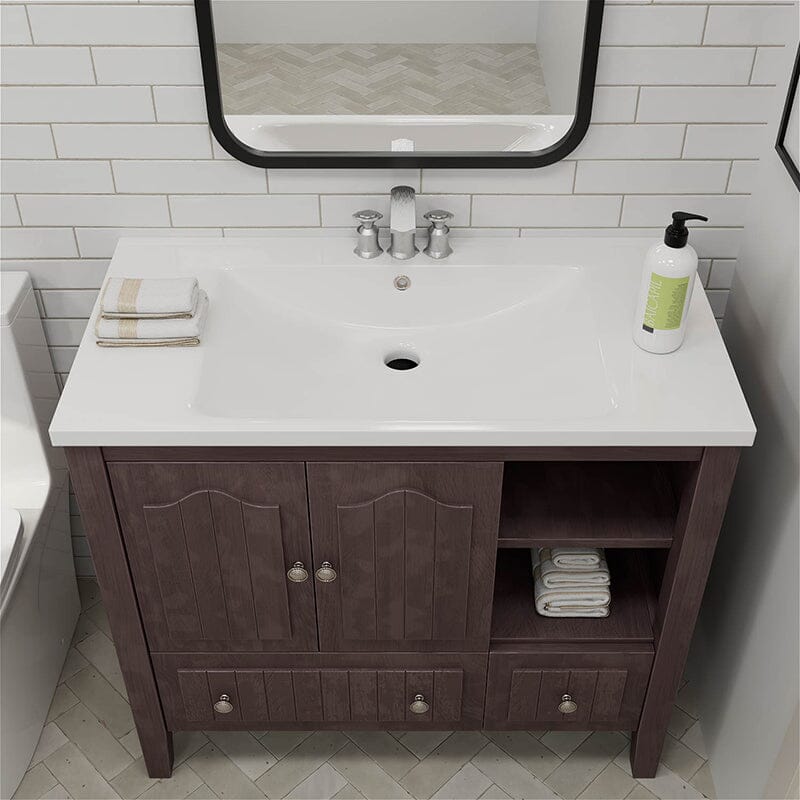 36" Brown Bathroom Vanity with Ceramic Basin, Bathroom Storage Cabinet with Two Doors and Drawers