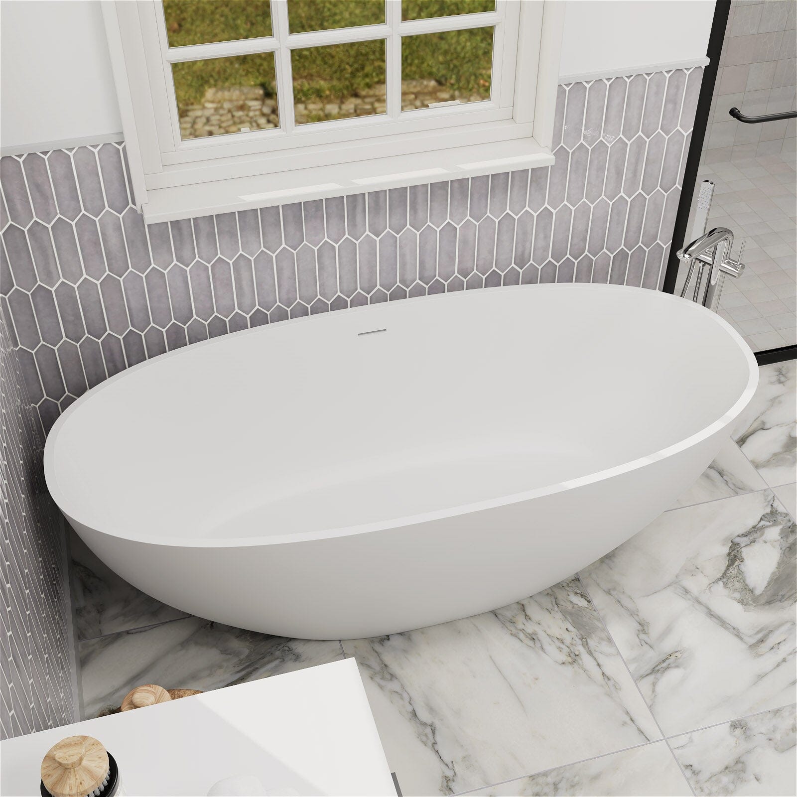 55" Solid Surface Stone Resin Oval-shaped Freestanding Soaking Bathtub with Overflow