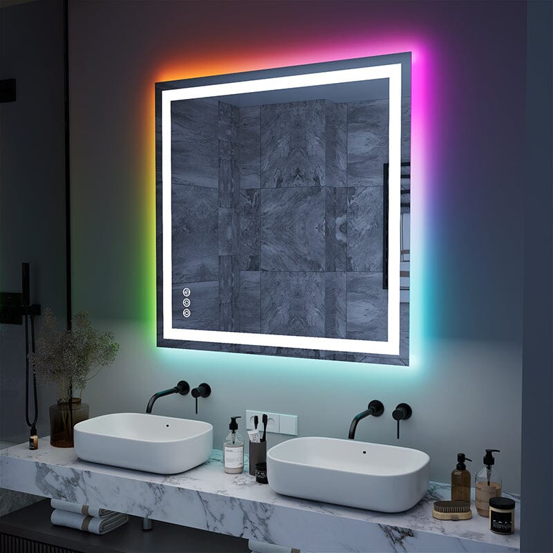 36“/48” RGB LED Light Bathroom Vanity Mirror Rectangular Frameless Anti Fog