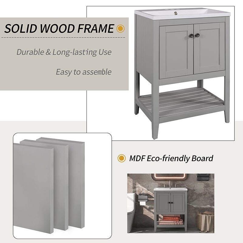 24" Modern Freestanding Bathroom Vanity with Open Style Shelf, Including Ceramic Sink