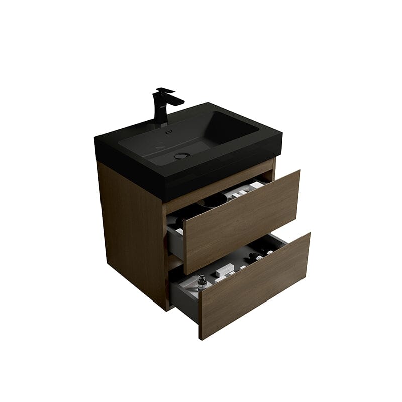 Mueble de baño de roble oscuro de 24 pulgadas con lavabo, de una sola pieza, para montaje en pared.