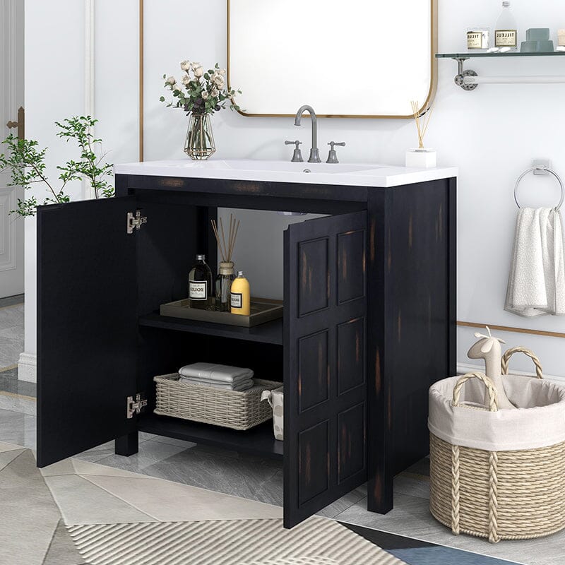 Handcrafted espresso vanity cabinet with distressed finish for a rustic charm