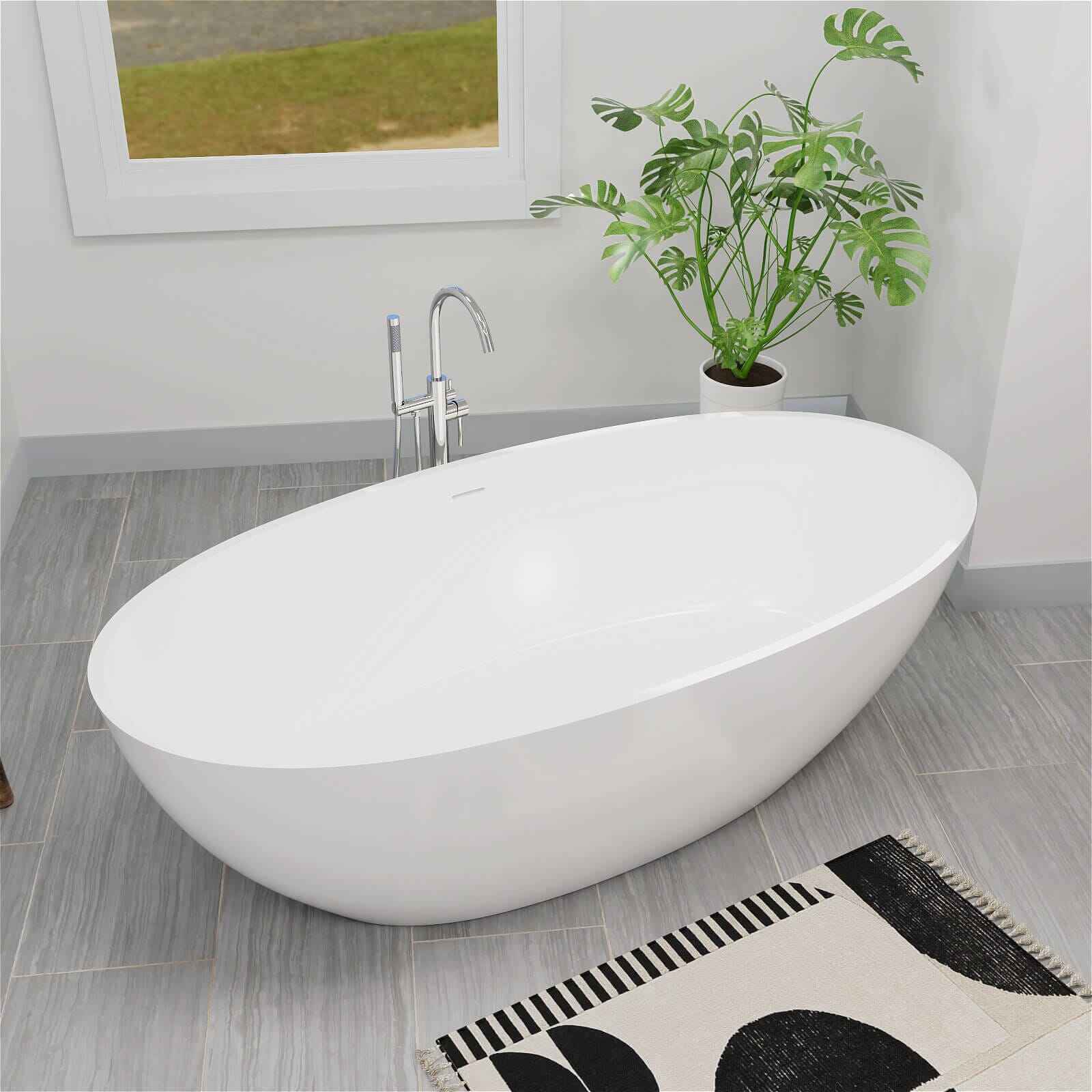 71" Solid Surface Stone Resin Oval-shaped Freestanding Soaking Bathtub with Overflow