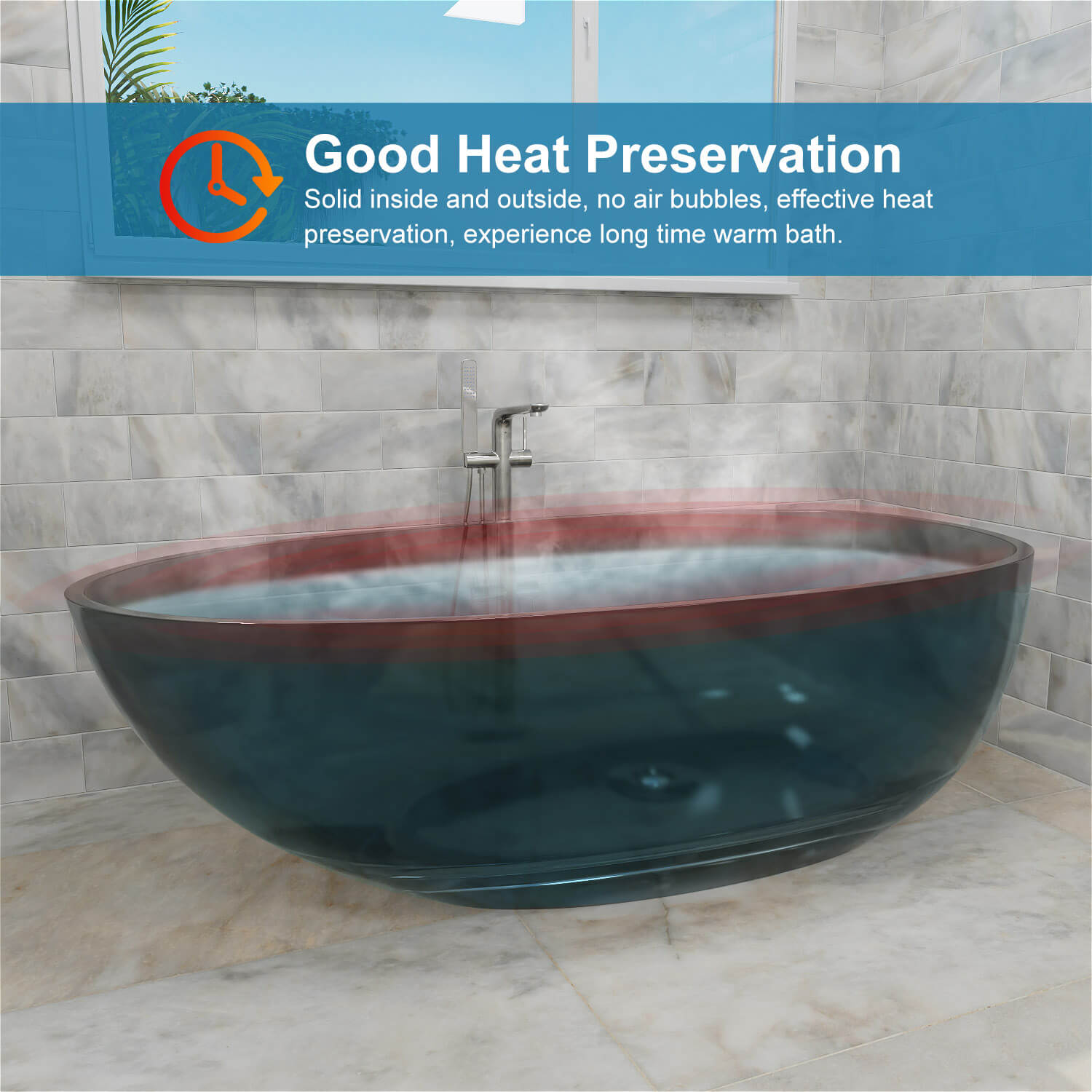 63" Modern Art Resin Tub, Gray Transparent Egg Shape Freestanding Soaking Bathtub for Hotels